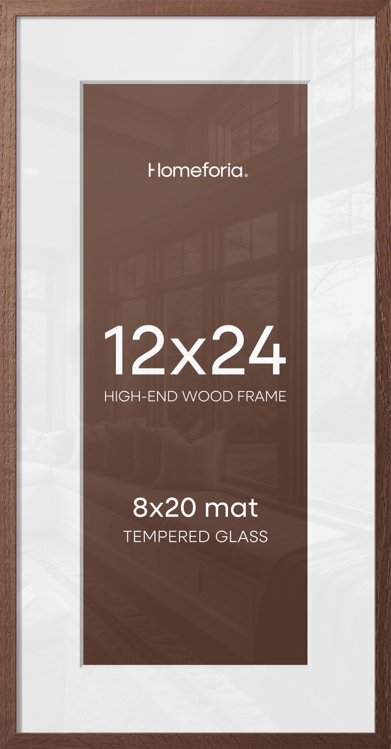 Homeforia 12x24 Brown Oak Picture Frame, High-End Wood, 8x20 Mat, Glass | High End Solid Oak Wood, Tempered Glass, Acid-Free 8x20 Removable Mat, 12x24 Edge-to-Edge Display 24x12, Wall Kit, Set Of 2