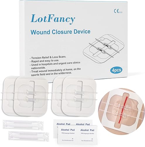 LotFancy Cierres de heridas de emergencia, 4 unidades, suministros de primeros auxilios, vendas médicas de mariposa, kit de reparación de laceración