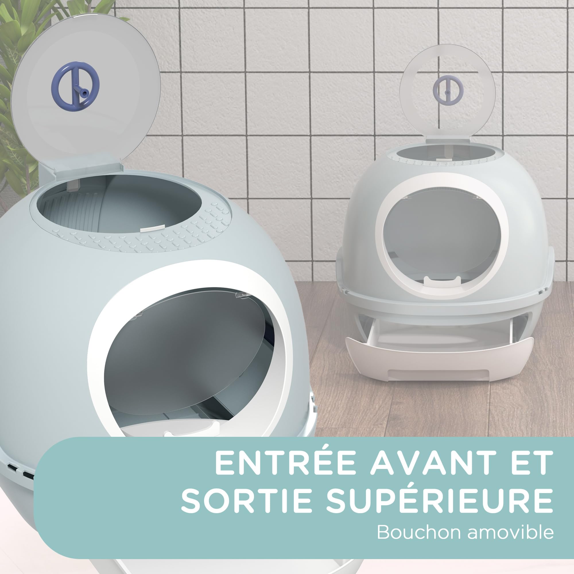 PawHut Bac à litière pour Chat Maison de Toilette Portable pour Chat tiroir à litière Coulissant Porte battante Lucarne + Pelle fournis dim. 47L x 55l x 44H cm Bleu