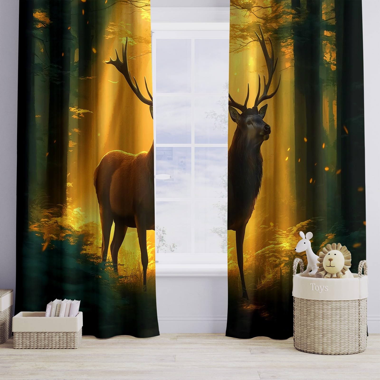 Zestaw 2 termicznych zasłon zaciemniających z poliestru, z oczkami, 280 x 245 cm, złote światło, dźwiękoszczelne, do salonu, sypialni, pokoju dziecięcego, magiczny las