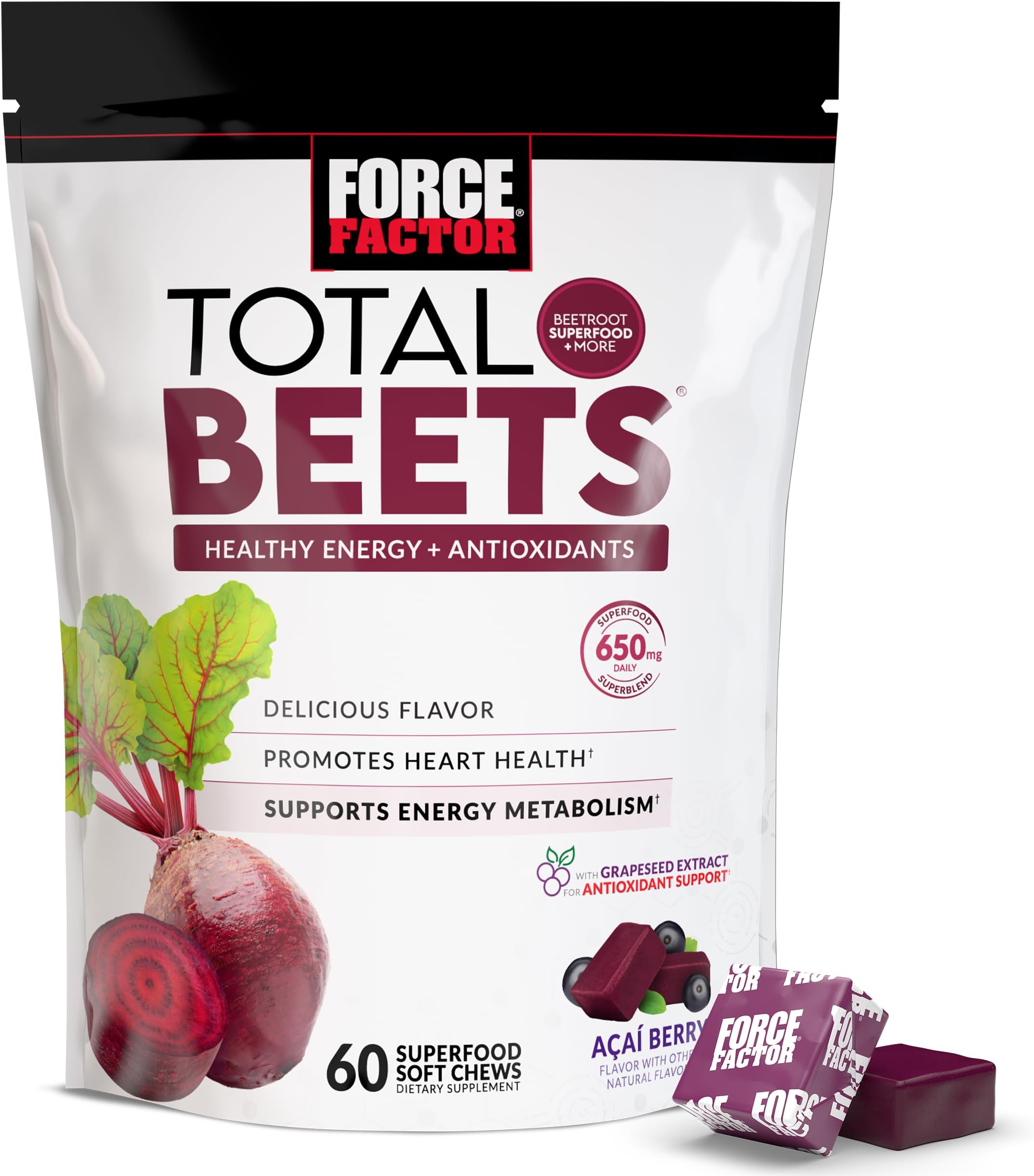 Force Factor Total Beets Soft Chews with Beetroot, Nitrates, L-Citrulline, Grapeseed Extract, and Antioxidants, Healthy Energy Supplement with Elite Ingredients, Heart Health Superfood, 60 Chews