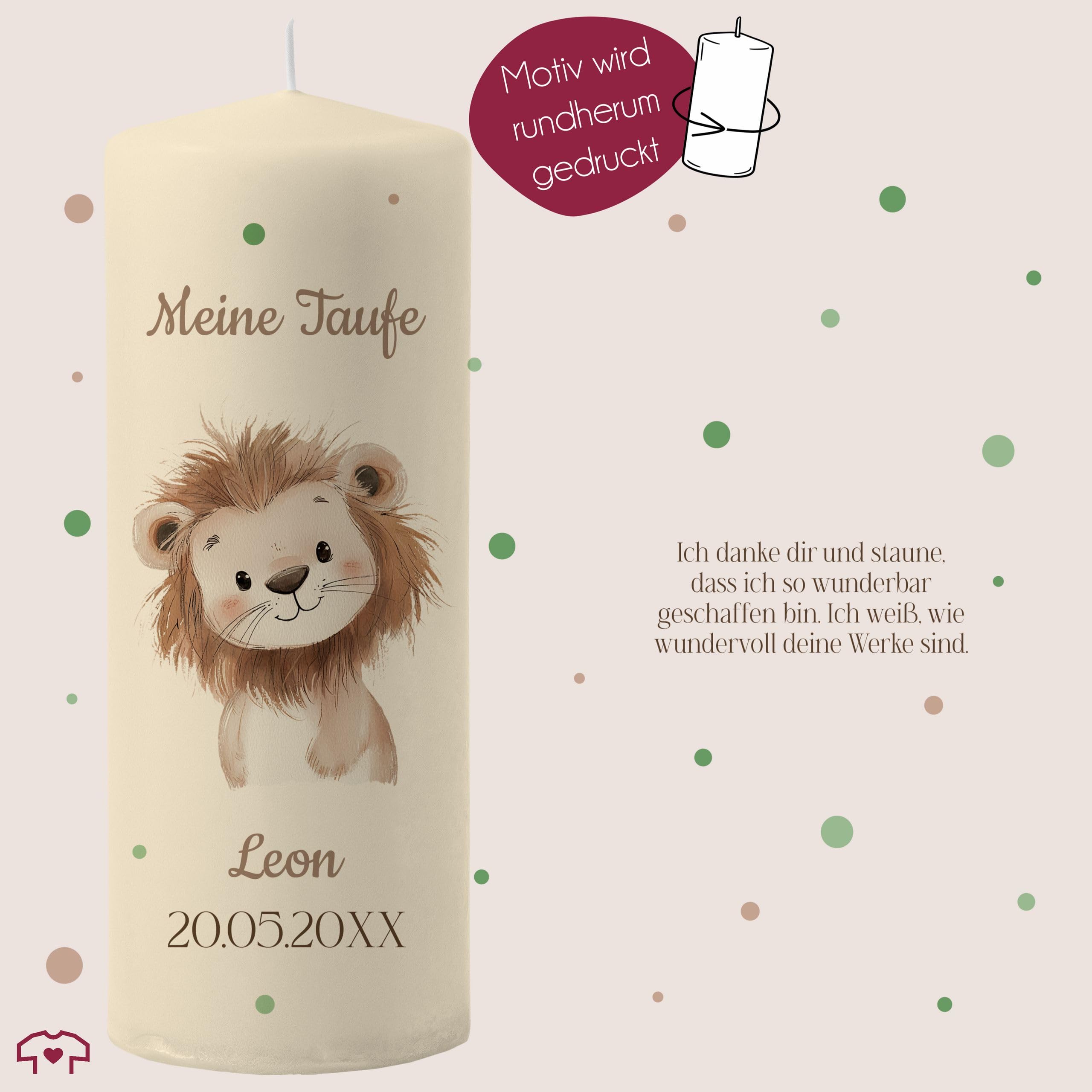 Taufkerze - Taufe - Löwe mit Name Datum Wunschtext - personalisierte Taufgeschenke für Mädchen und Jungen - 230/78 mm - Elfenbein