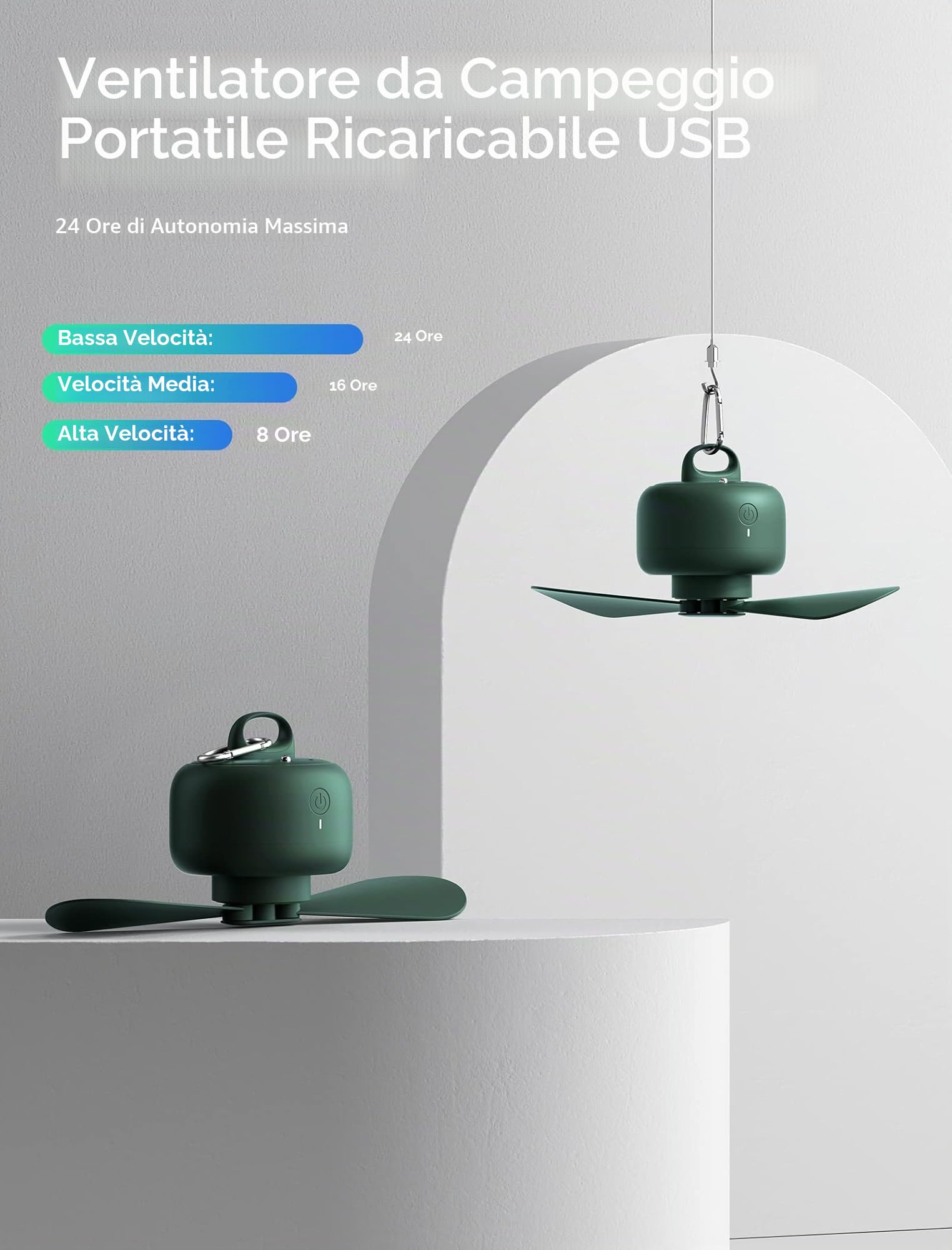 JISULIFE Ventilatore da campeggio 8000mAh Funzionamento a batteria, ricaricabile tramite USB con telecomando, pale della ventola rimovibili, gancio per appendere, timer, 4 velocità per esterno-verde