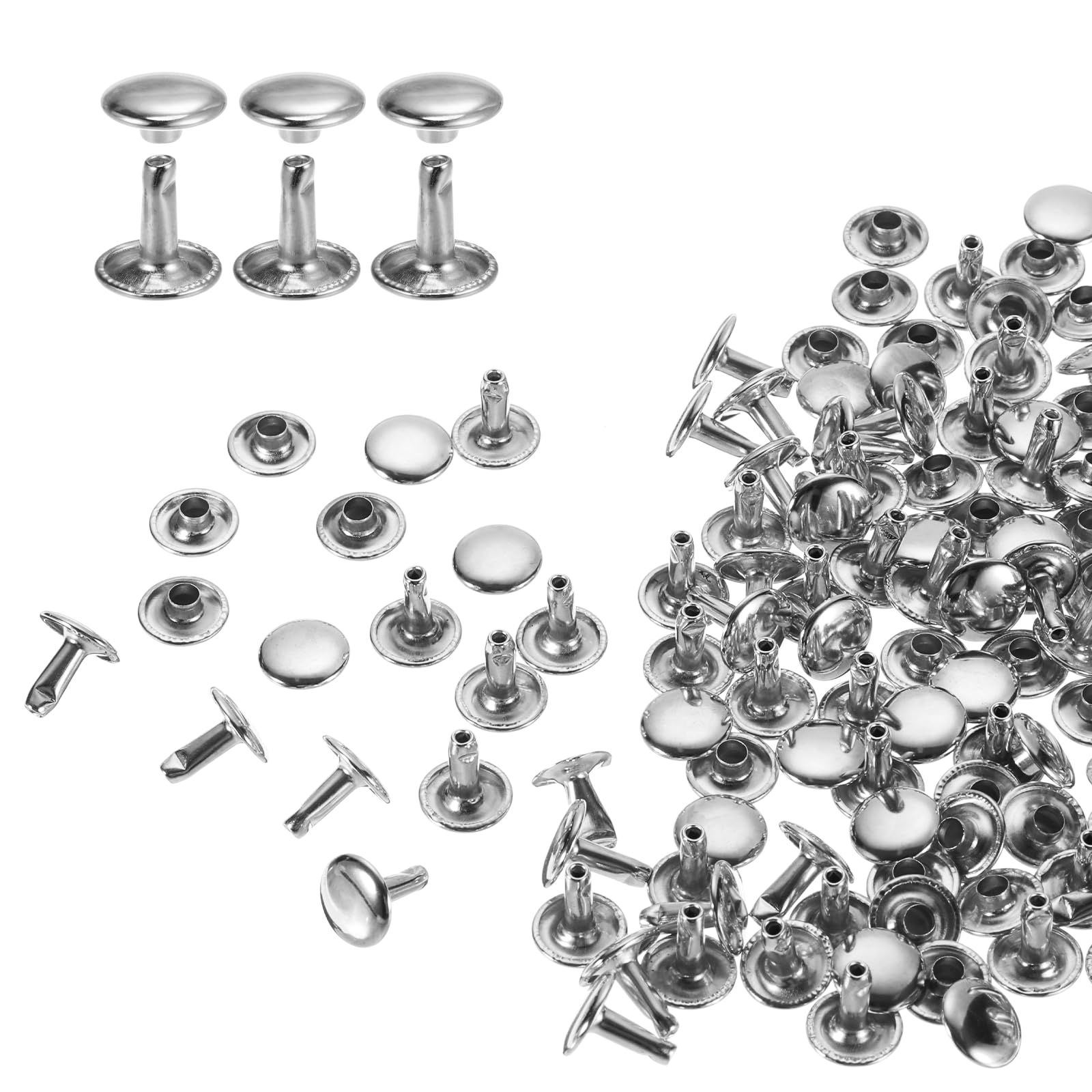 sourcing map 100 Sets Double Cap Rivets 10x10mm Carbon Steel Round Head Snaps Studs Fasteners Tubular Metal Studs for Leather Craft Repairs Decoration, Silver