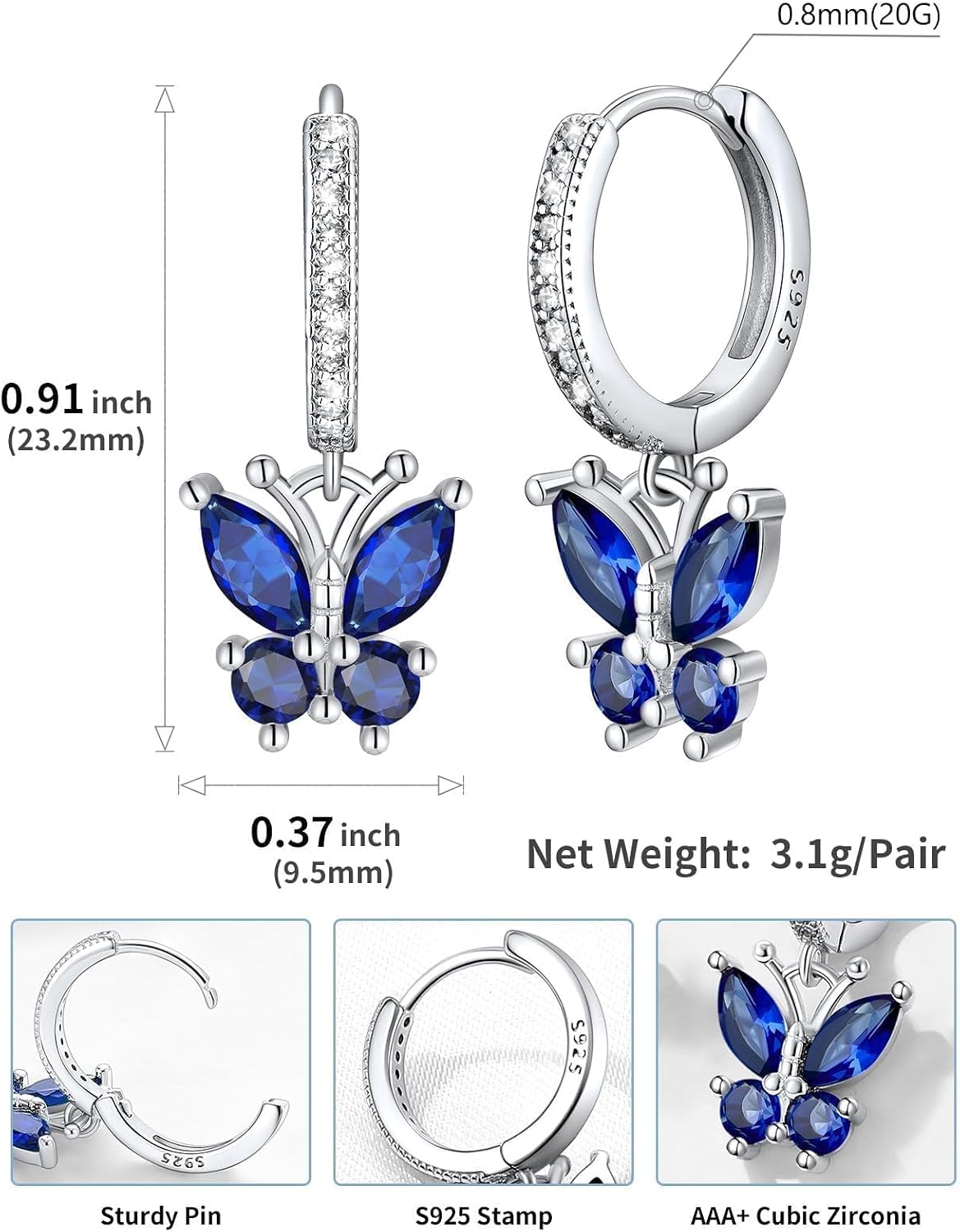 SILVERCUTE 925 Sterling Silver Butterfly Earrings for Women - Dainty Butterfly Birthstone Earrings,Hypoallergenic Dangle Earring, Birthstone Jewelry Birthday Gifts for Women