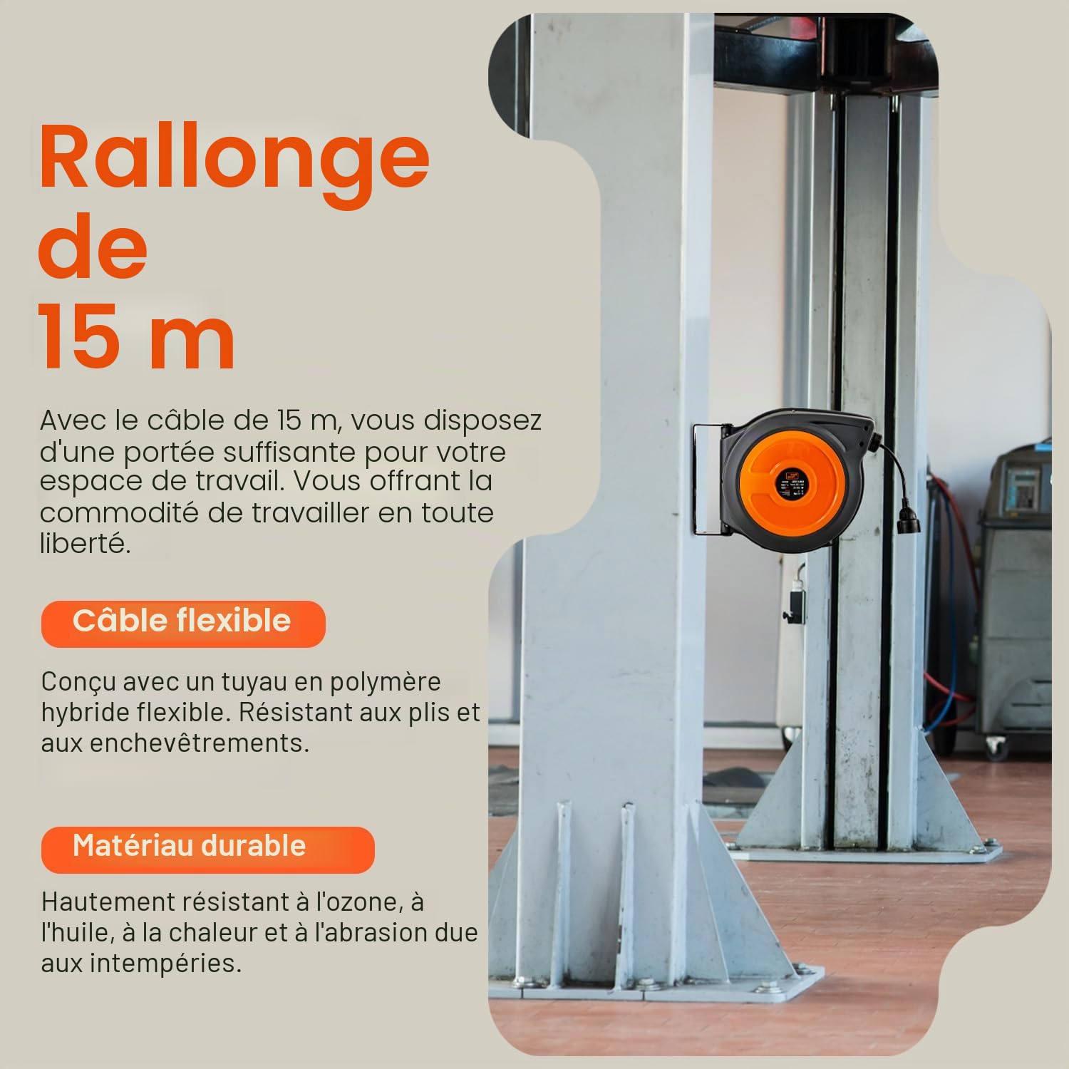 SuperHandy Enrouleur de câble automatique, 15 m, 3G1,5 mm² H05VV-F,2000 W | Câble ultra-flexible de qualité industrielle; boîtier robuste en polypropylène, conçu pour un usage commercial intensif