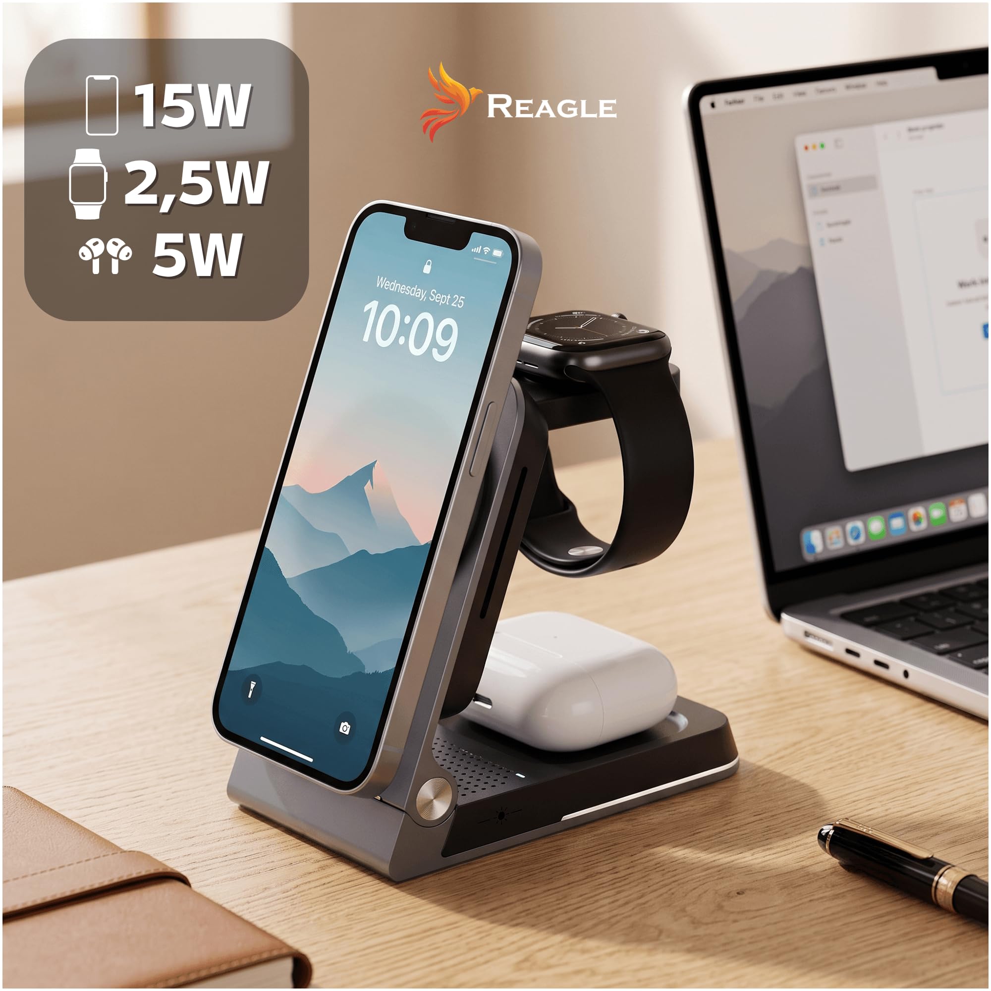 Reagle Station de Charge sans Fil Qi2 3-en-1 15 W, Chargeur Magnétique Pliable, Compatible avec iPhone 17/16/15/14/13/12, Apple Watch, AirPods, Pixel, Veilleuse, USB-C, Graphite