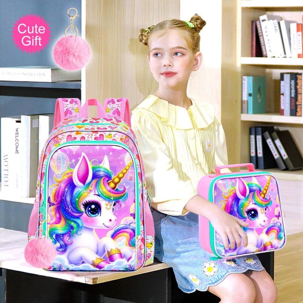 gxtvo 3PCS Unicorn Backpack, 16" Girls Bookbag with Lunch Box, Water Resistant Kids School Bag for Elementary Preschool Toddler - Rainbow Hair Unicorn