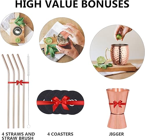 Miniatura 17 de LIVEHITOP Moscow Mule - Juego de 4 tazas de cóctel hechas a mano de cobre de 19.5 onzas con posavasos para bebidas frías, vino, bar, fiesta, hotel