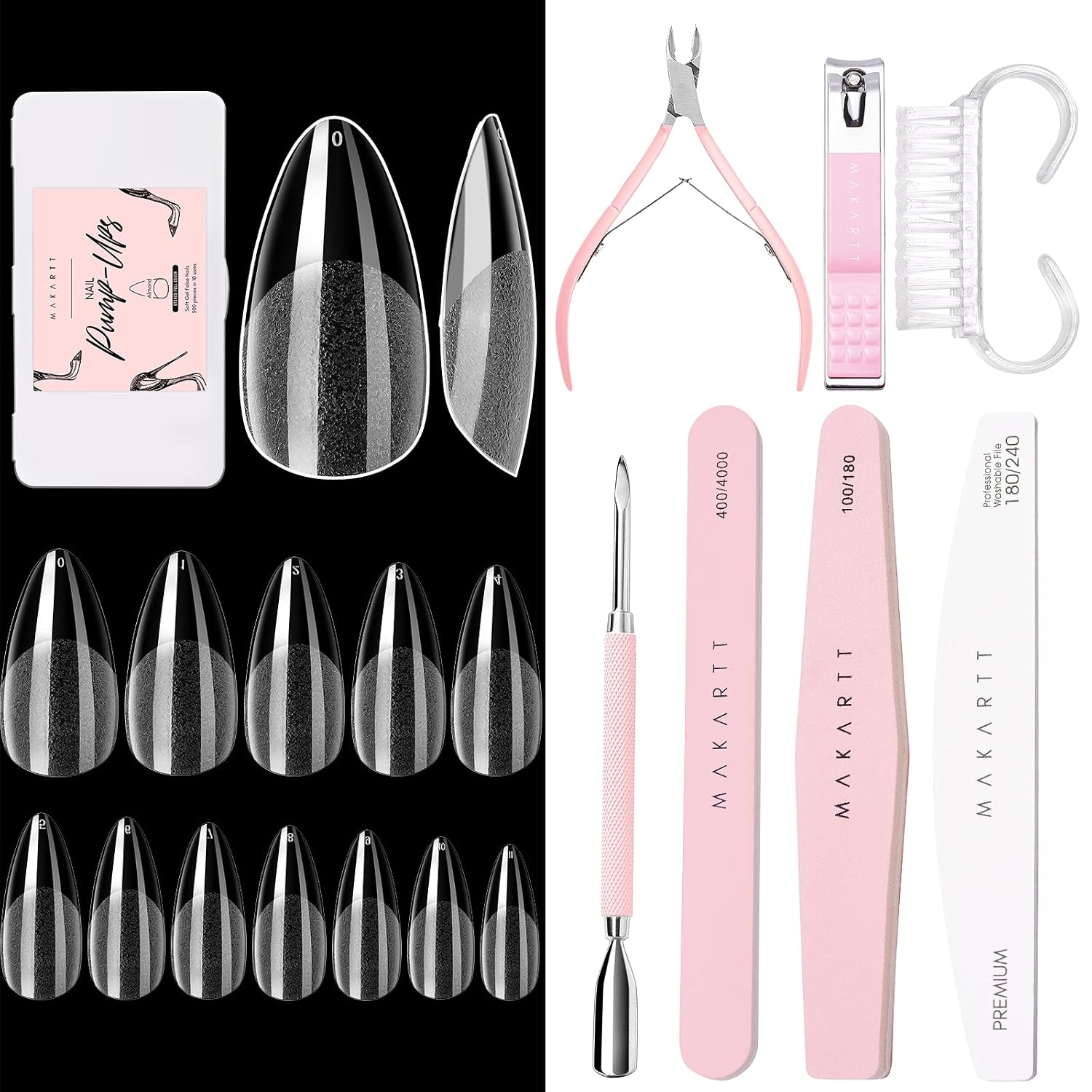 Makartt Nail File and Buffer, Pink Basic Nail Prep Kit with Cuticle Trimmer Bundle with Makartt 504Pcs Soft Gel Full Cover Tips, Almond Stiletto False Nail Tips Press on Nails