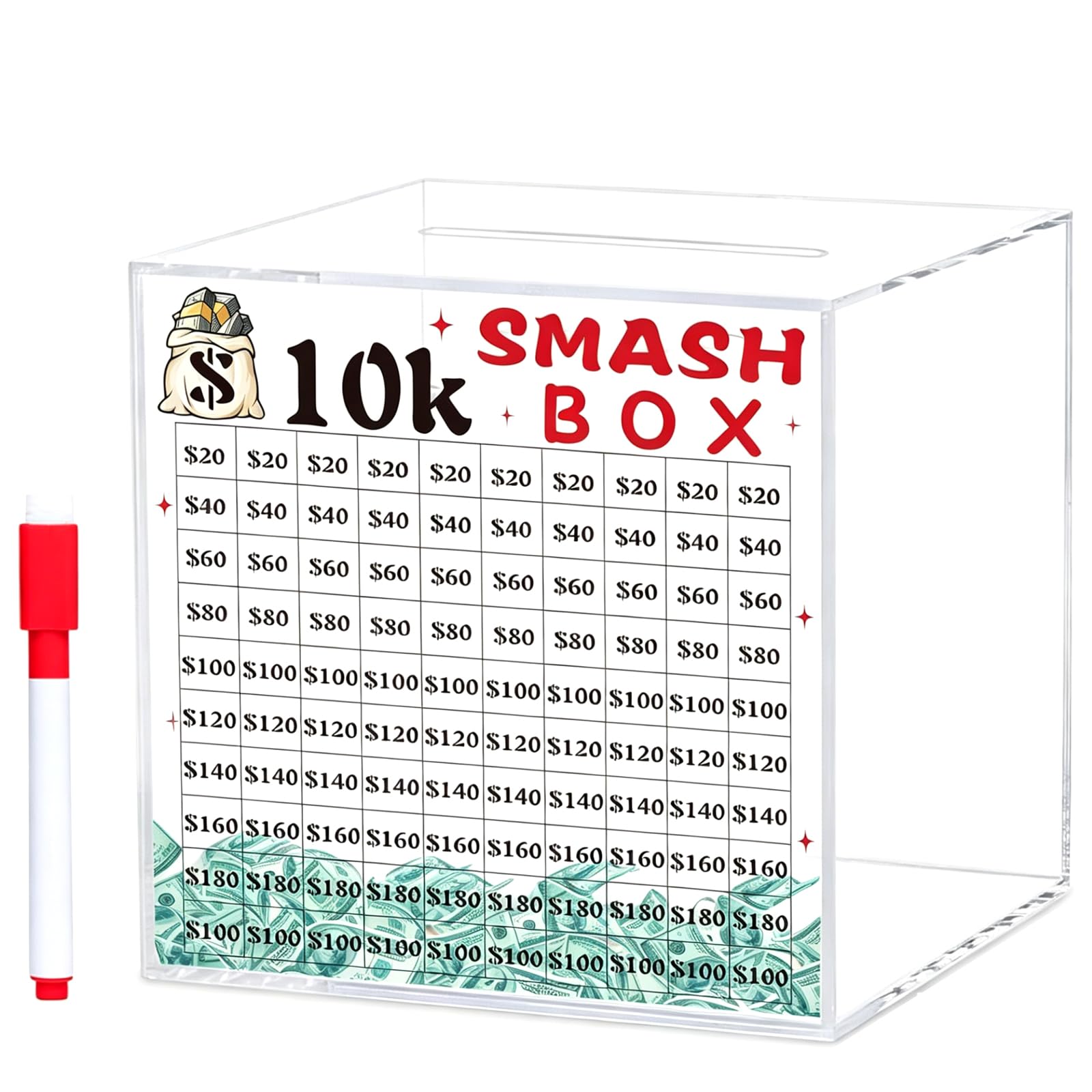 alloneslife 10K / 20K Smash Box, Clear Acrylic Unbreakables Piggy Banks, Money Saving Challenge for Cash Coin, Must Break to Open Money Saving Challenge