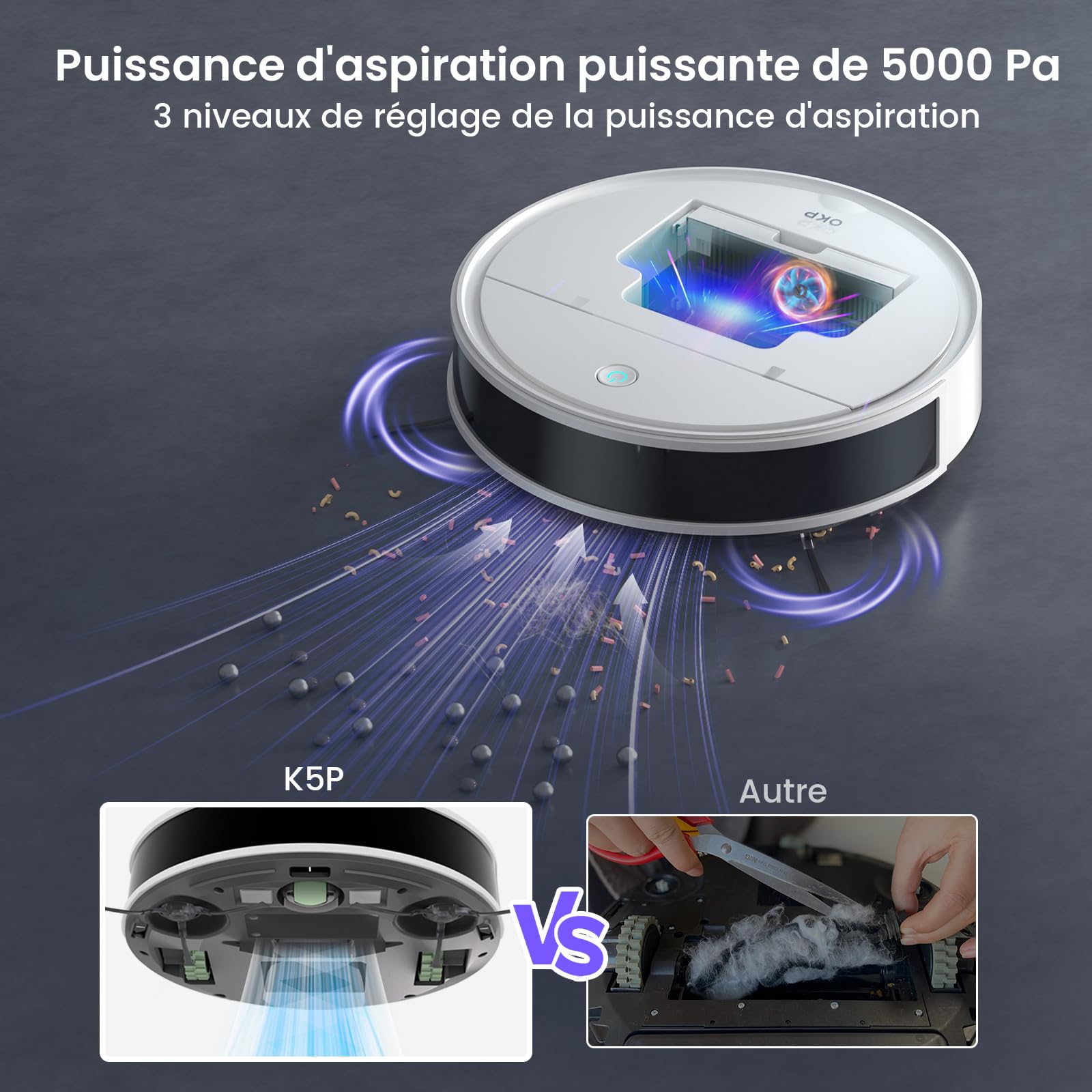 OKP K5 Pro Aspirateur Robot, 5000 Pa,180 Minutes,Ultra-Mince 7,7 cm, Évitement d'obstacles PSD, Silencieux, Adapté aux sols durs et Efficace Contre Les Poils d'animaux, Wi-FI/App/Alexa, Blanc