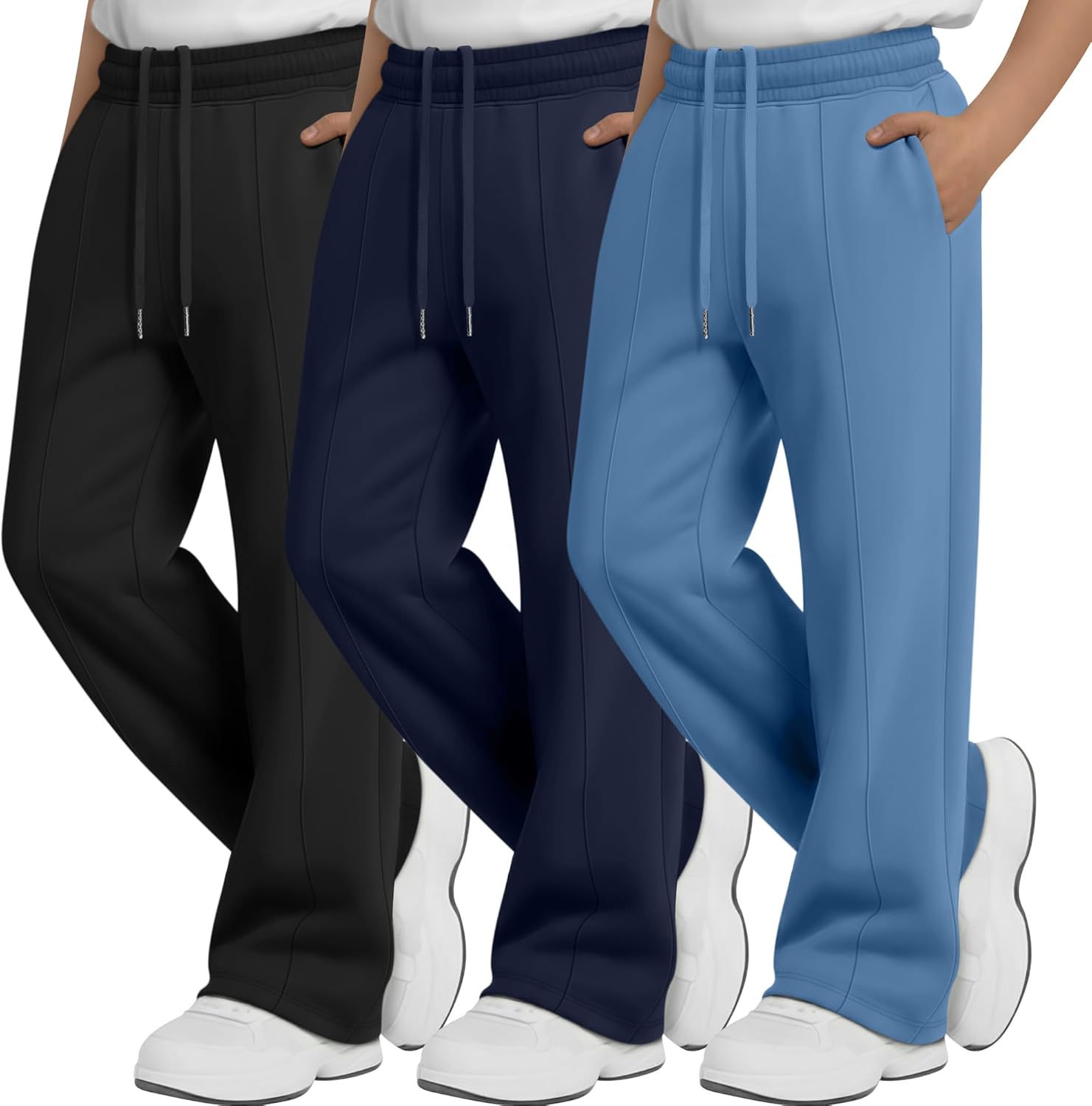 3 Pack Boys' Wide Leg Sweatpants Baggy Drawstring Open Bottom Pants Kid Elastic Waist Athletic Joggers with Pockets