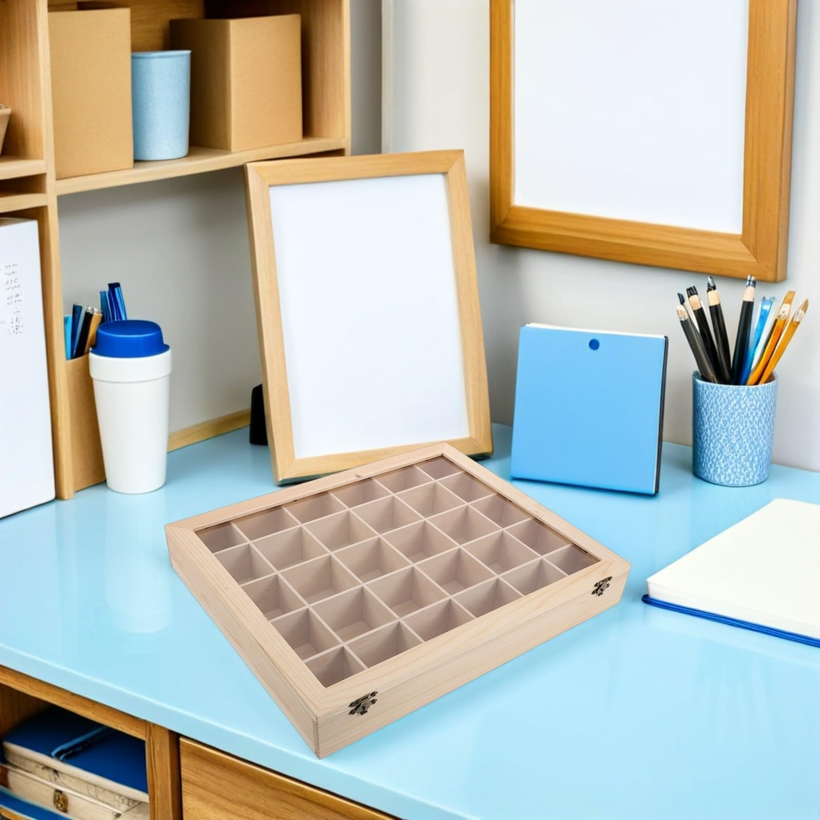 SECFOU Caja de Madera para Colección de Minerales con 30 Compartimentos, Organizador Clásico para Piedras y Recuerdos, Protección Fuerte Adecuado para Decoración del Hogar