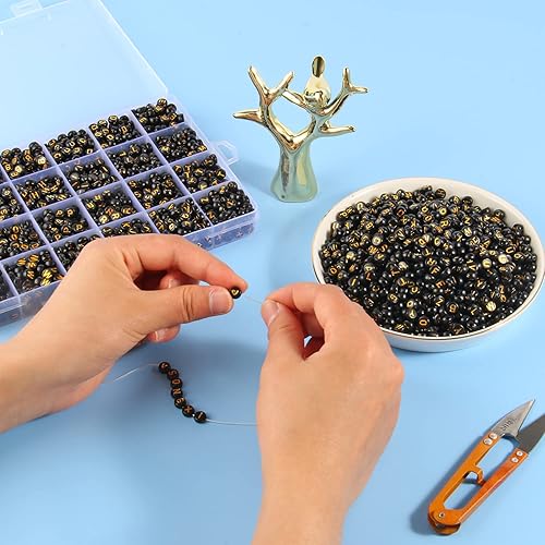 Vista 19 de Song Xi 1200 cuentas redondas blancas del alfabeto de acrílico, cuentas de letras negras de 0.157 x 0.27 pulgadas para pulseras y llaveros