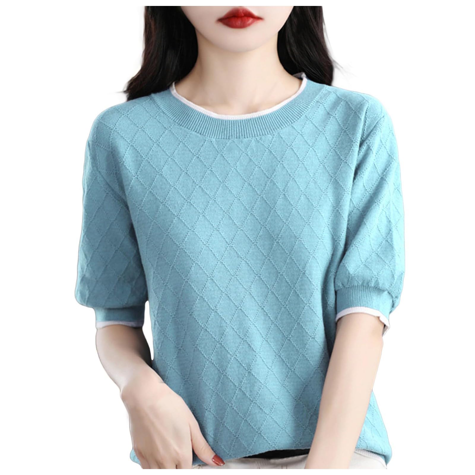 Amazon.co.jp: [Yidaify] サマーニット レディース 半袖 tシャツ 丸首  