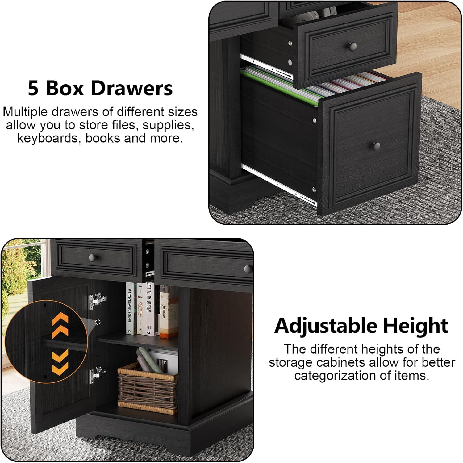 Vipbear 60" Farmhouse Executive Desk with Drawers and Cabinet, Embossed Texture Wood Home Office Desk, Rustic Computer Writing Desk, Workspace for Work Study Writing, Black