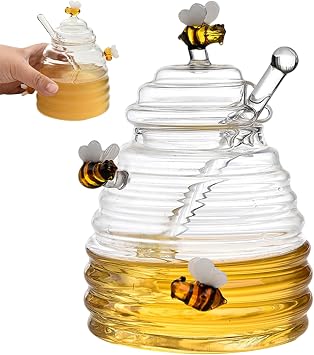 1set Honey Pot with Cute Honeybees Honey Dispenser 500ml Honey Jar with Dipper and Lid Cover Honey Pot and Drizzler Transparent Honey Jar with Dipper for Store Honey