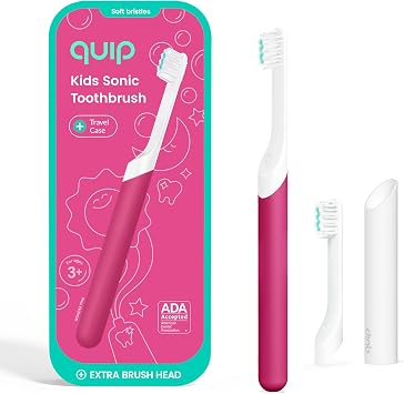 Quip Sonic Toothbrush for Kids with Timer - Includes Extra Brush Head and Travel Cover Mount - Electric, Soft Bristle Refill Head, Plastic Handle, 3 Month Battery Life, Wonder Pink