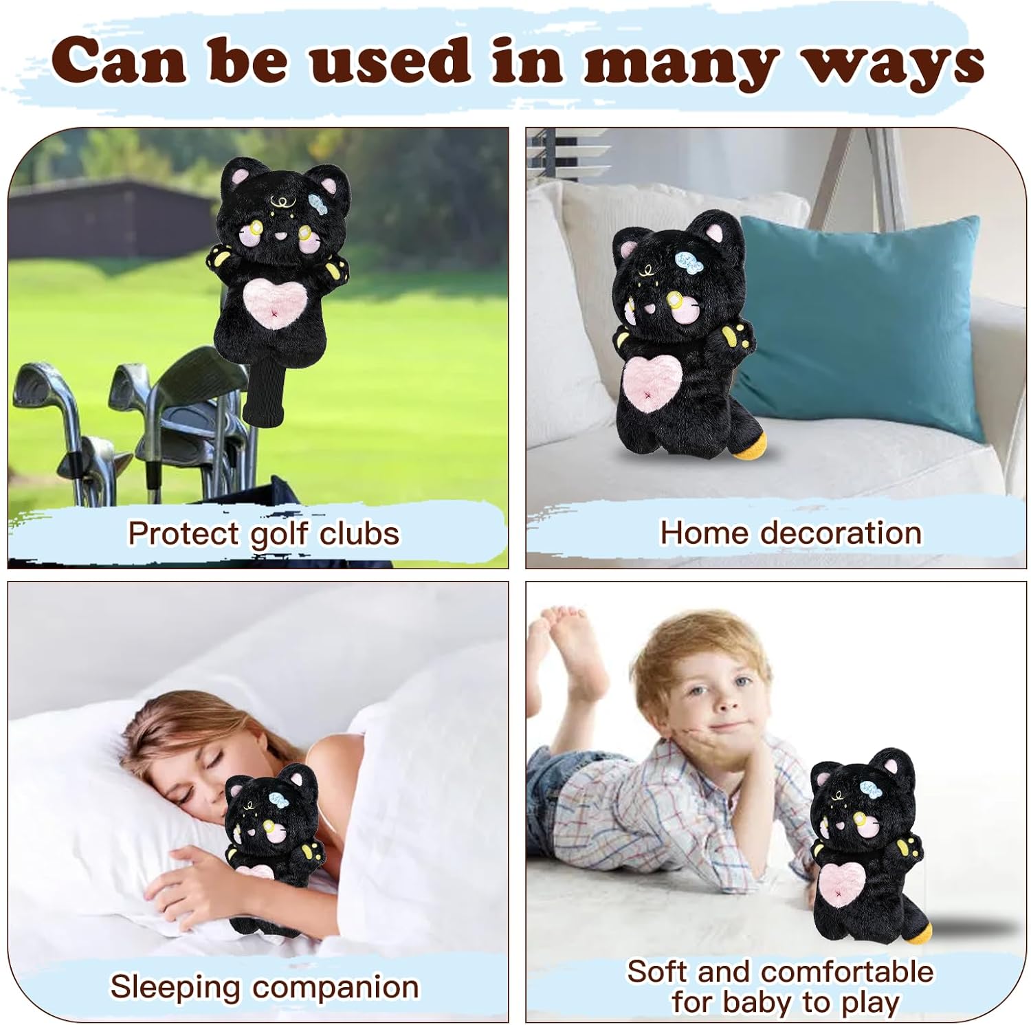 Funny Cat Golf Headcover, Small Size Fits Hybird and Irons, Large Size Fits Standard 460cc Driver Head，Animals Plush Golf Club Head Covers
