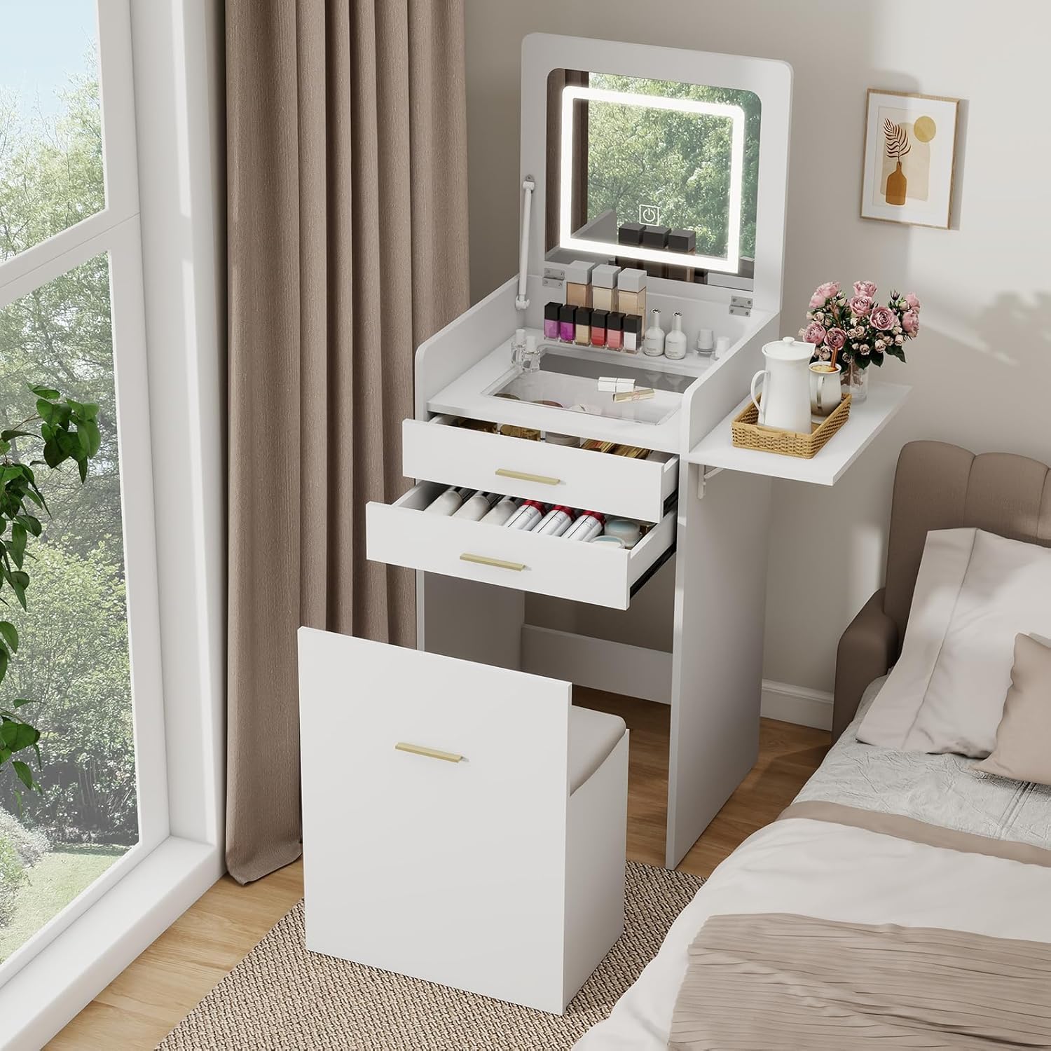 YU YUSING Toeletta 3 in 1 con Specchio LED Ribaltabile, Toeletta Trucco con Sgabello Contenitore, Postazione Trucco, Tavolo Trucco Salvaspazio, 2 Cassetti e Ripiano in Vetro, Bianca