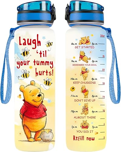 Botella de agua motivacional de 32 onzas con marcador de tiempo, botella de rastreador de hidratación de oso de dibujos animados con popote y
