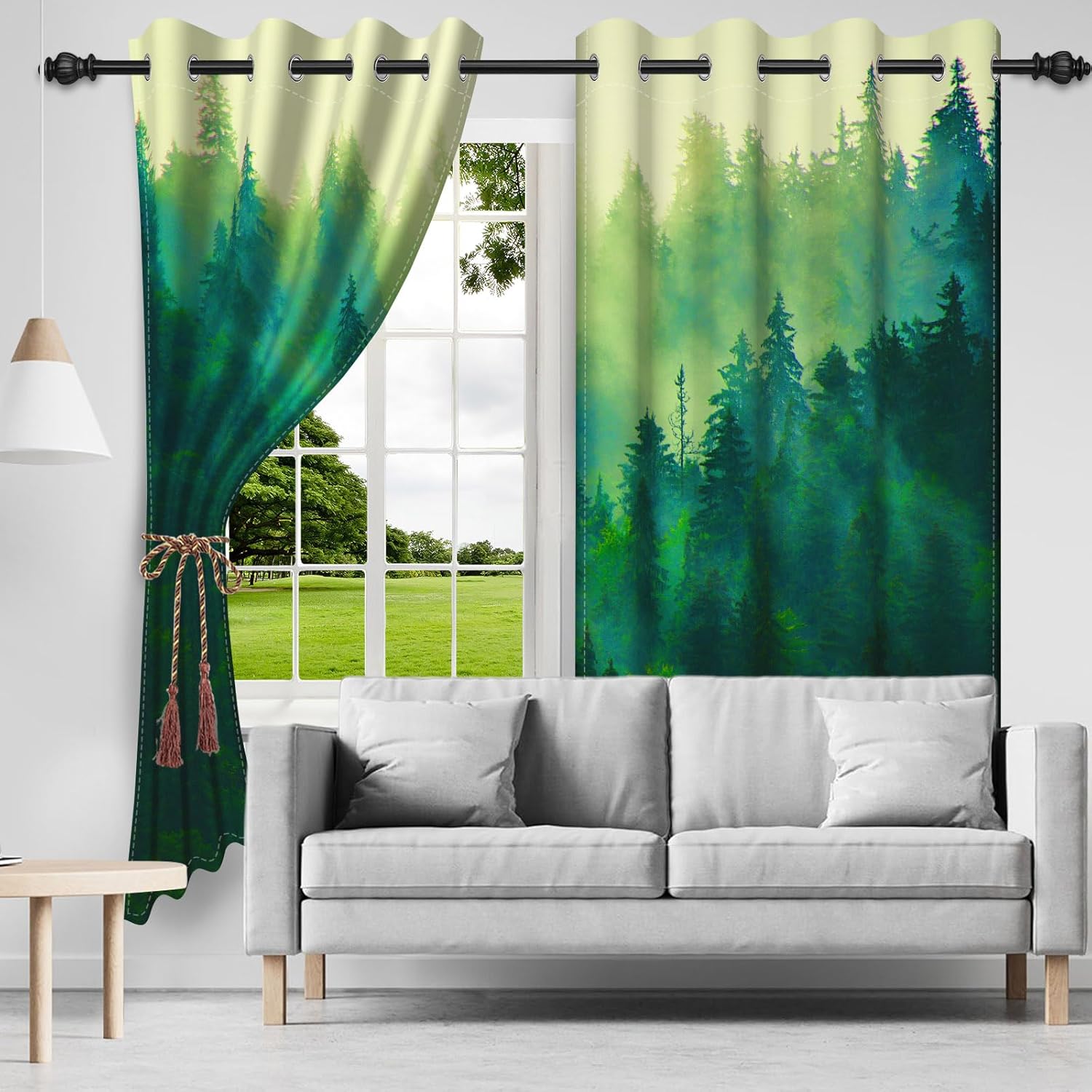 Spring Nature Landscape Blackout Curtains for Bedroom Living Room Green Woodland Misty Forest Scenery Window Drapes with Grommet Decor Window Treatments 21W X 45L, 2 Panels