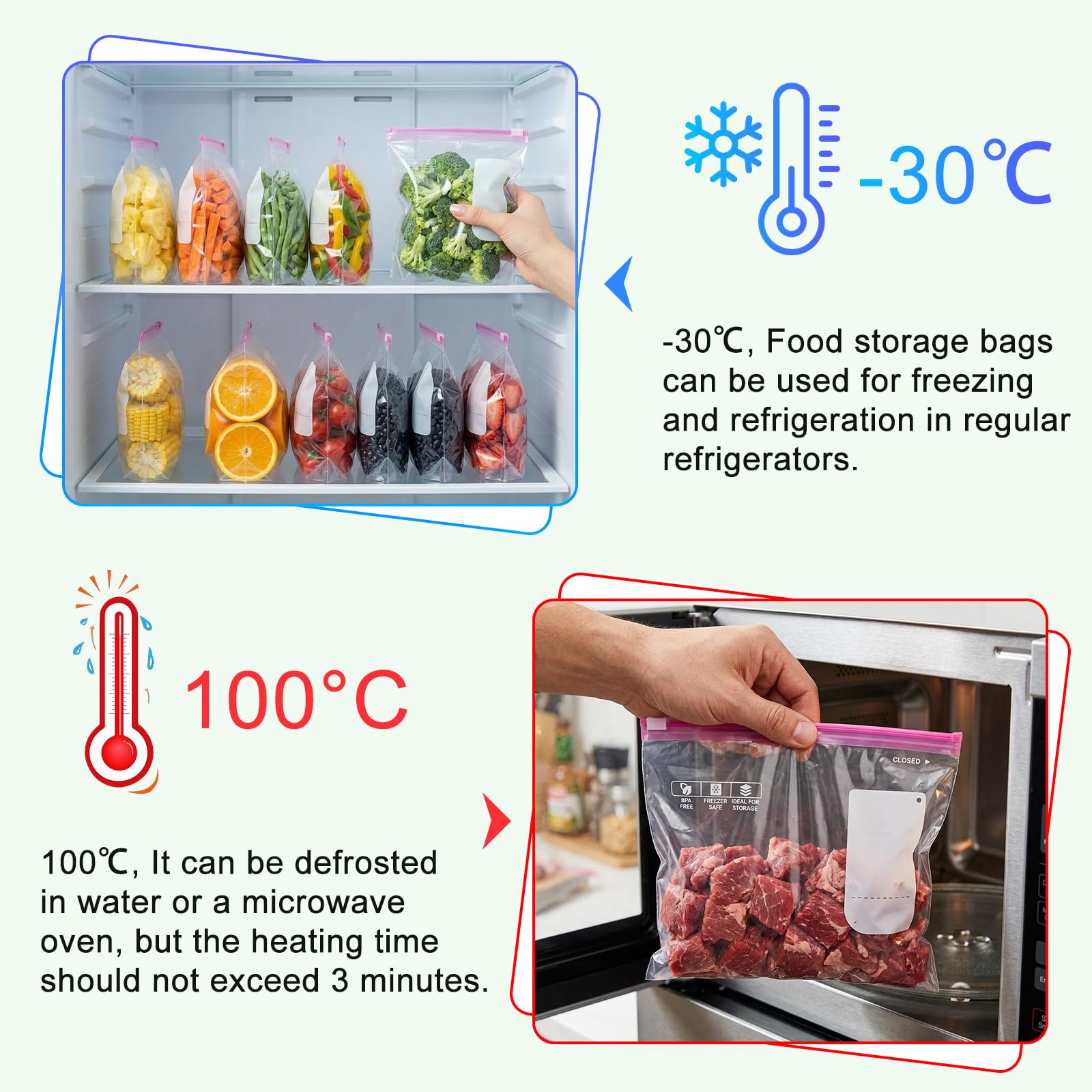 60 Piezas Bolsas Congelacion, 20,2 x 18 cm Bolsas Zip para Congelar, Alimentos Herméticas Reutilizables con Parte Inferior Expandible, Ziplock Bag Para Carne, Frutas y Verduras - 4