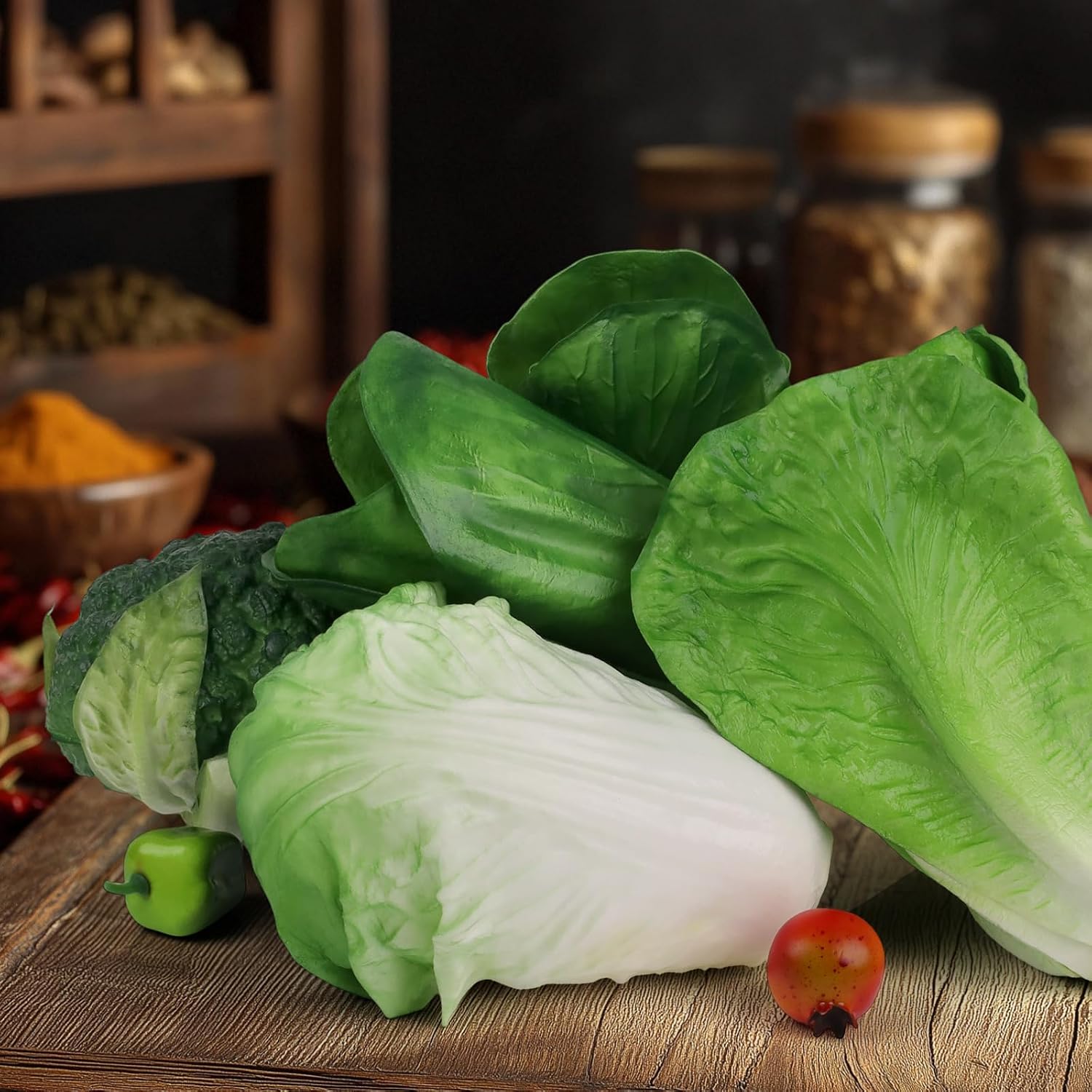 Woration Green Artificial Vegetables Set Lifelike Lettuce Broccoli Cabbage PU Food Model Decoration for Home Kitchen Shop Cabinet Supermarket Garden DIY Garland 5pcs