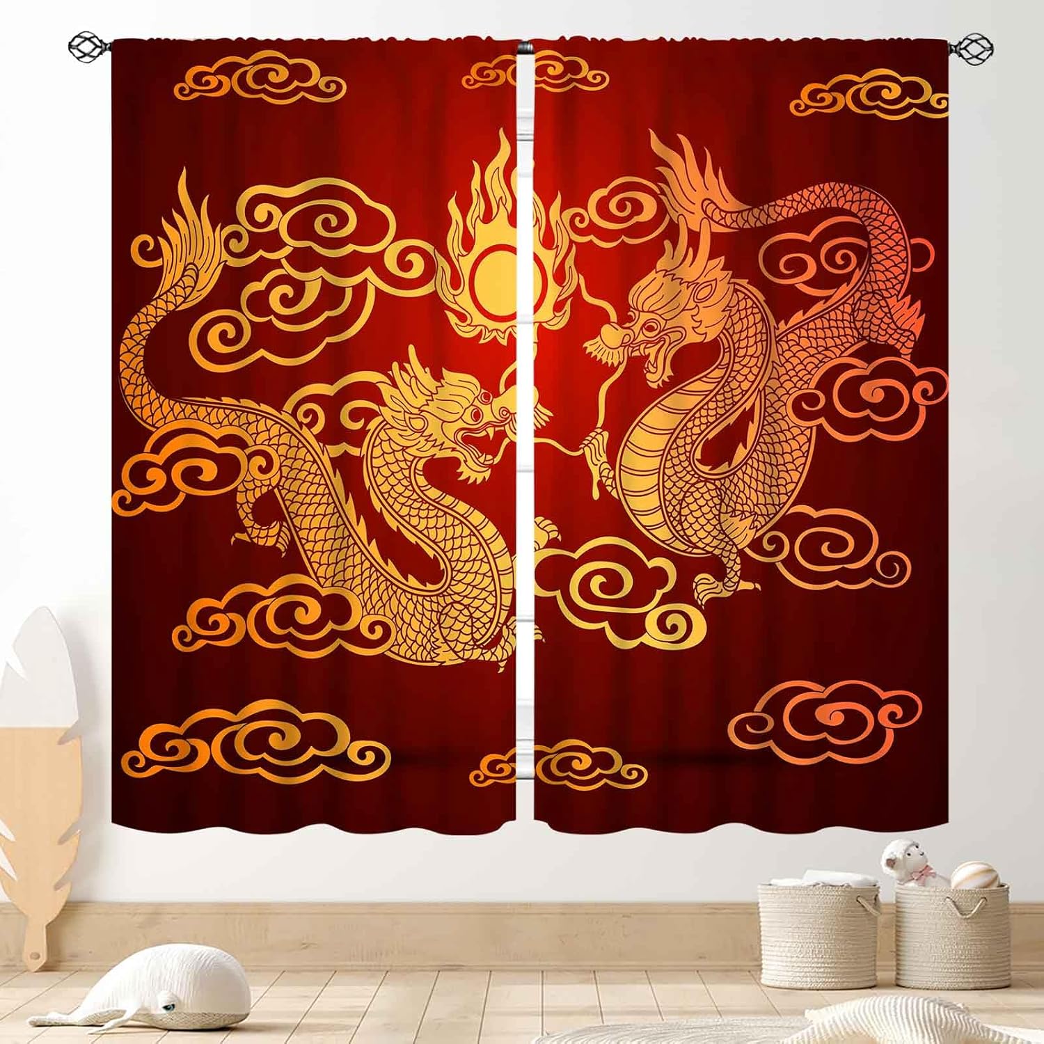 Dragon Curtains, Chinese Asian Style Traditional Oriental Mythology Legend Dragon Black Golden Window Drapery Treatments for Bedroom Living Room Bathroom, 84"x84" Inch