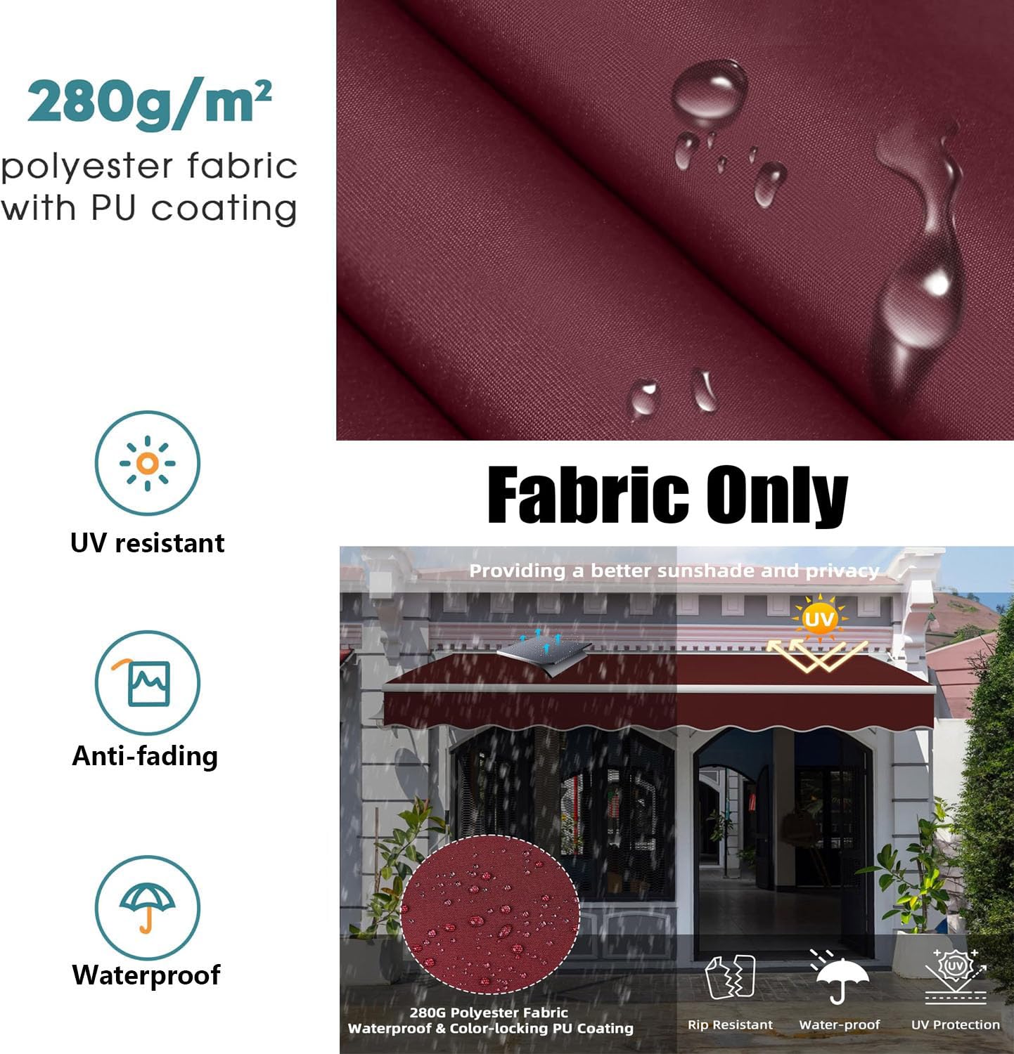 Ręcznie wysuwana markiza na patio, zapasowy materiał, 100% wodoodporny, poliestrowy pokrowiec na baldachim przeciwsłoneczny 280 g na targ - czerwony (4,5 x 2,5 m)