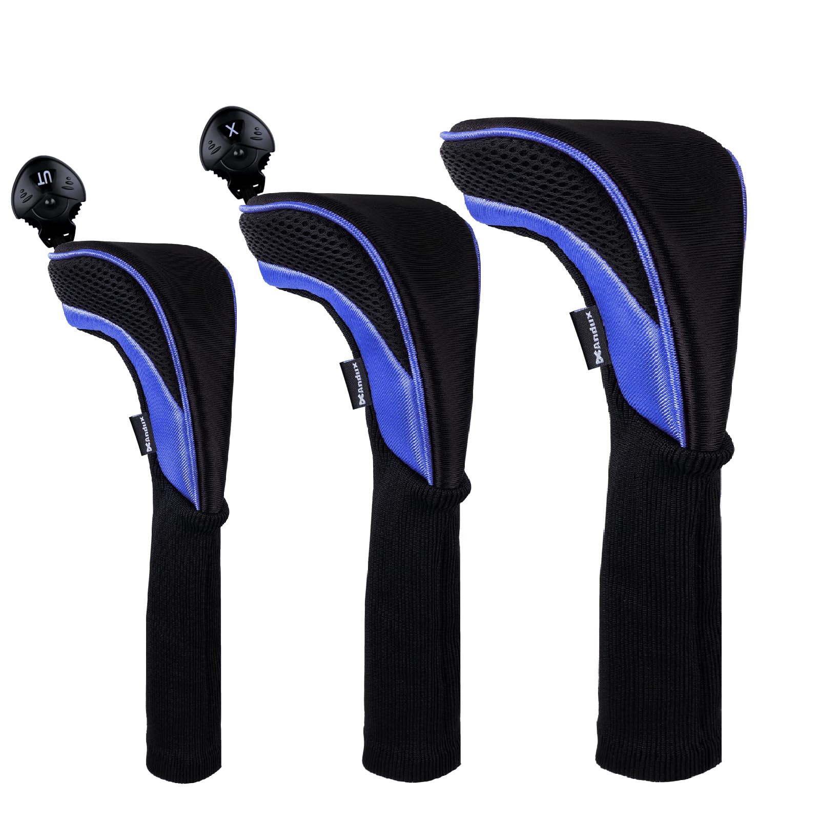 Andux 3pcs/Set Neoprene Golf Wood Club Head Covers 460cc Driver Fairway Woods Covers Long Neck (Black/blue)