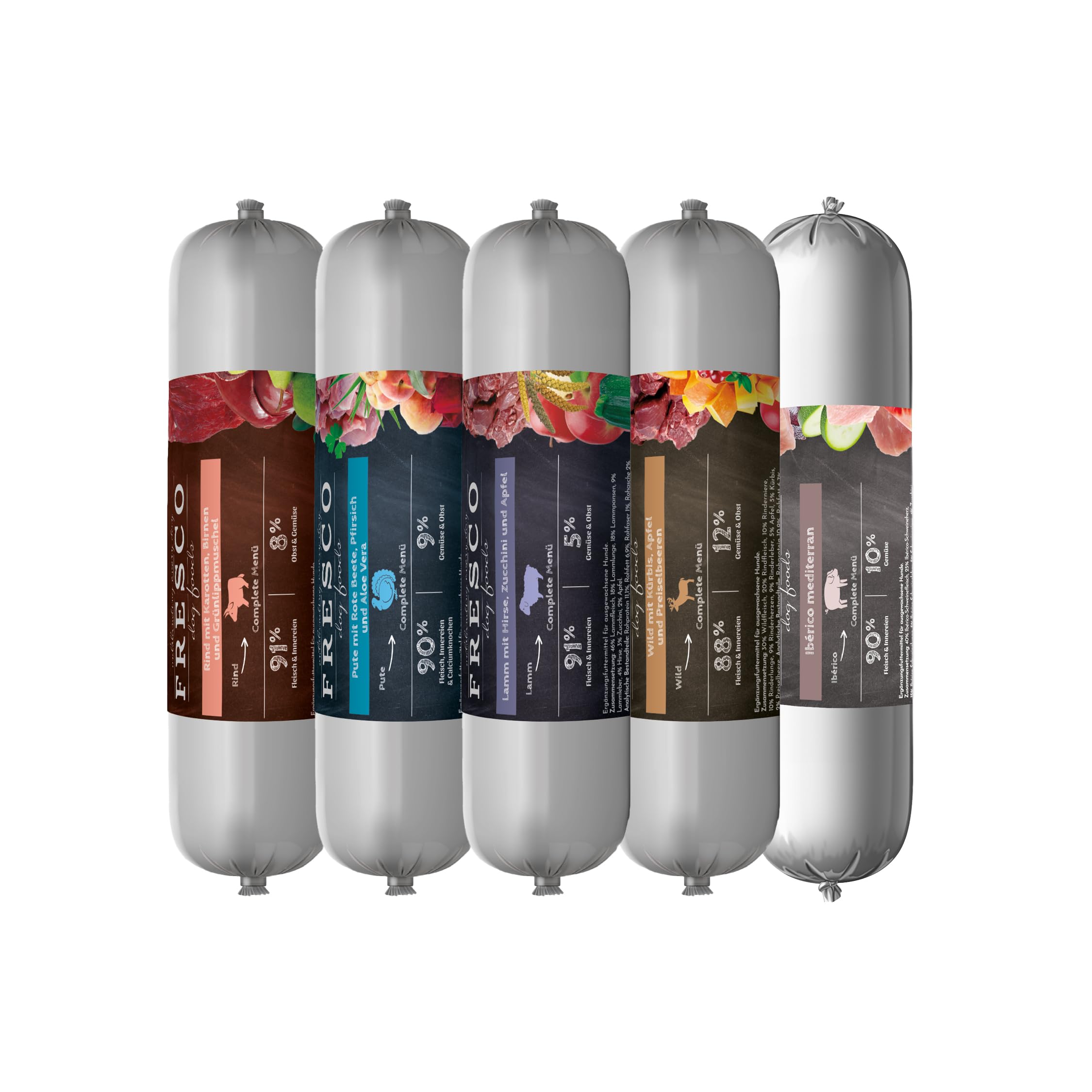 FRESCO Dog Barf Hundewurst schnittfest PROBIERPAKET I 5 x 400g | Lamm, Wild, Rind, Pute, Ibérico | Getreidefrei & hoher Fleischanteil über 86% | Nassfutter für Hunde | Aus Deutschland