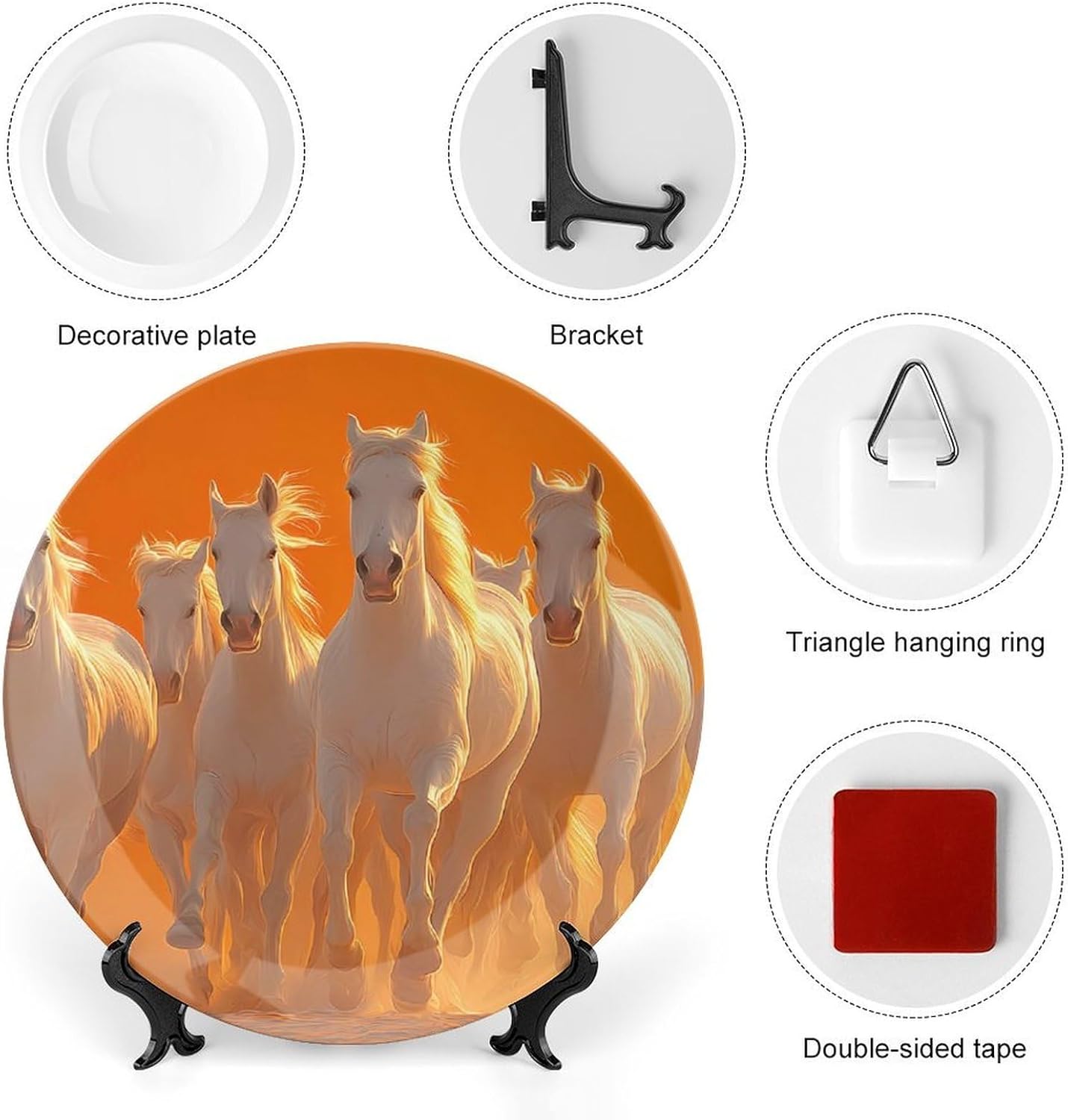 Running Horse Sunset Dust Decorative Plates for Display Ceramic Plate Tray with Stand Hanger Home Decor
