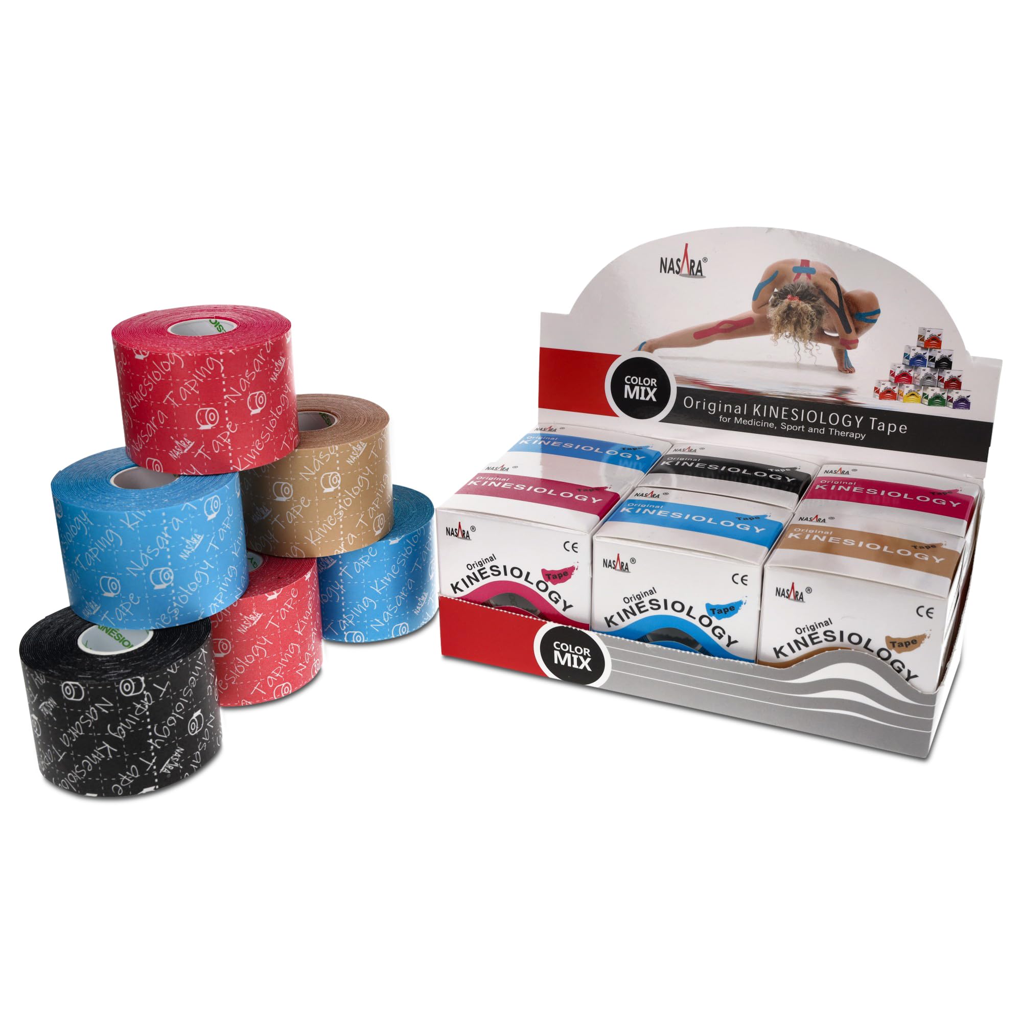 Nasara Original Bande Kinésiologique, Boîte de 6 tapes, Mélange avec beige | Pour le sport et la médecine, tutoriels vidéo gratuits inclus, dimensions du rouleau 5cm x 5m