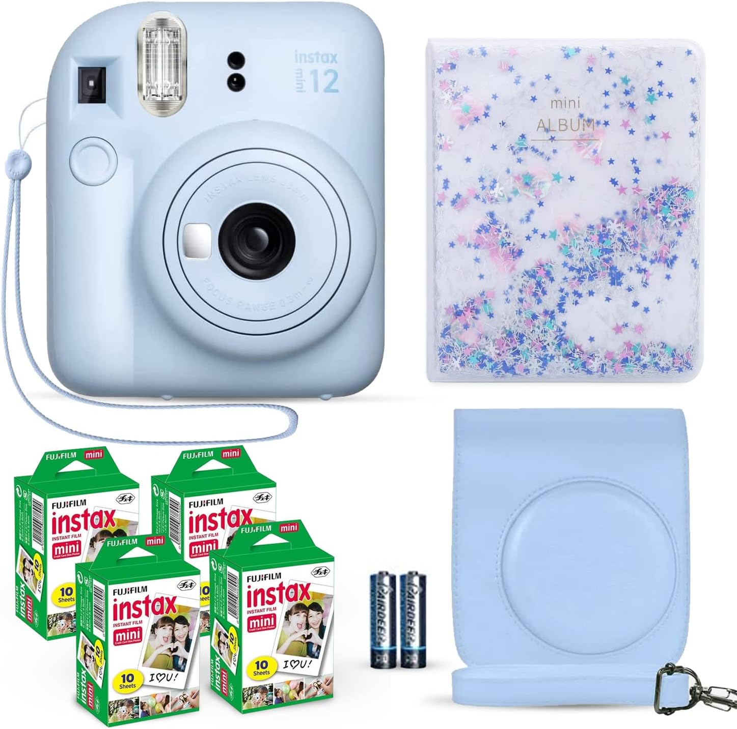 Instax Mini 12 Instant Camera Pastel Blue + Fuji Film Value Pack (40 Sheets) + Shutter Accessories Bundle, Incl. Compatible Carrying Case, Quicksand Beads Photo Album 64 Pockets