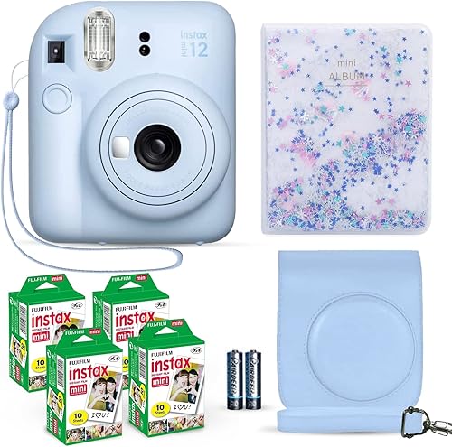 Fujifilm Instax Mini 12 - Cámara instantánea azul pastel + paquete de película Fuji (40 hojas) + paquete de accesorios para obturador, incluye funda