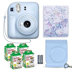 Fujifilm Instax Mini 12 Instant Camera Pastel Blue + Fuji Film Value Pack (40 Sheets) + Shutter Accessories Bundle, Incl. Compatible Carrying Case, Quicksand Beads Photo Album 64 Pockets