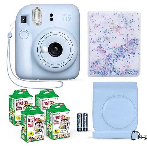 Fujifilm Instax Mini 12 Instant Camera Pastel Blue + Fuji Film Value Pack (40 Sheets) + Shutter Accessories Bundle, Incl. Compatible Carrying Case, Quicksand Beads Photo Album 64 Pockets - Pastel Blue