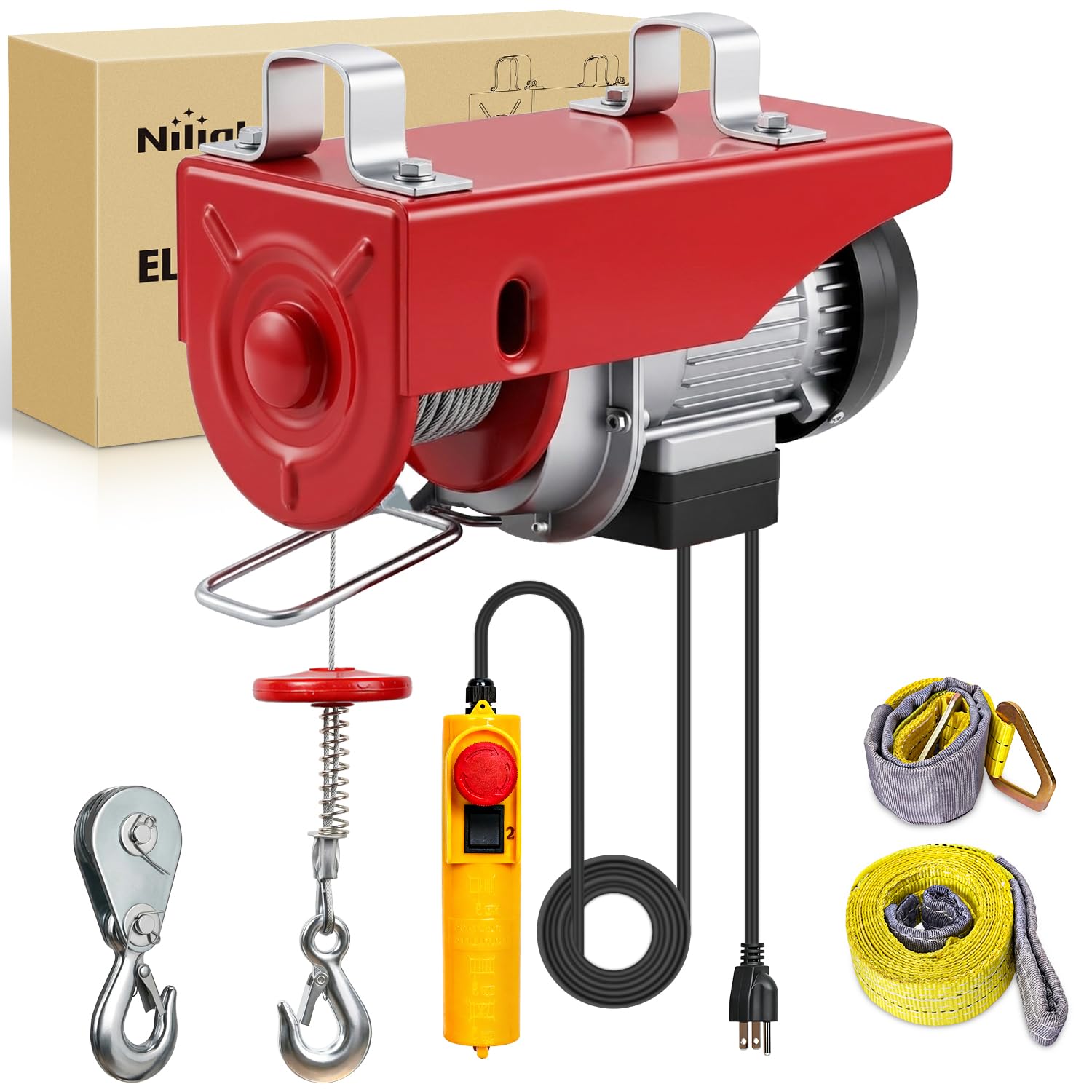 Nilight Treuil électrique 110 V avec télécommande filaire, 200 kg, levage simple/double, hauteur de levage de 19 m, outil de manutention avec arrêt d'urgence pour garage, entrepôts, usines, grenier