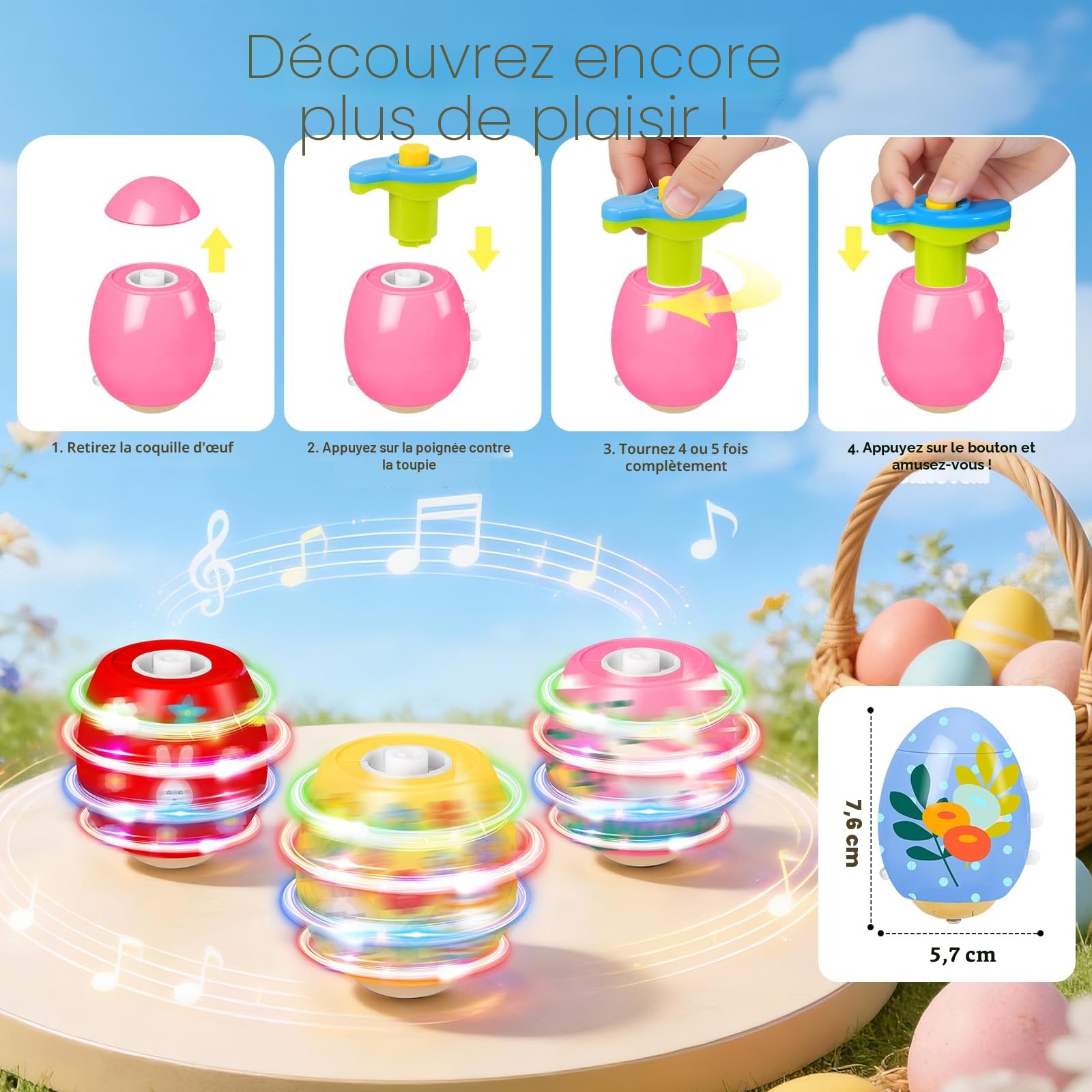 Toupies à Œufs de Pâques Jouets avec Lumières et Musique, 5 Oeufs Spinning, Cadeau Pâques Enfant 3-10 Ans