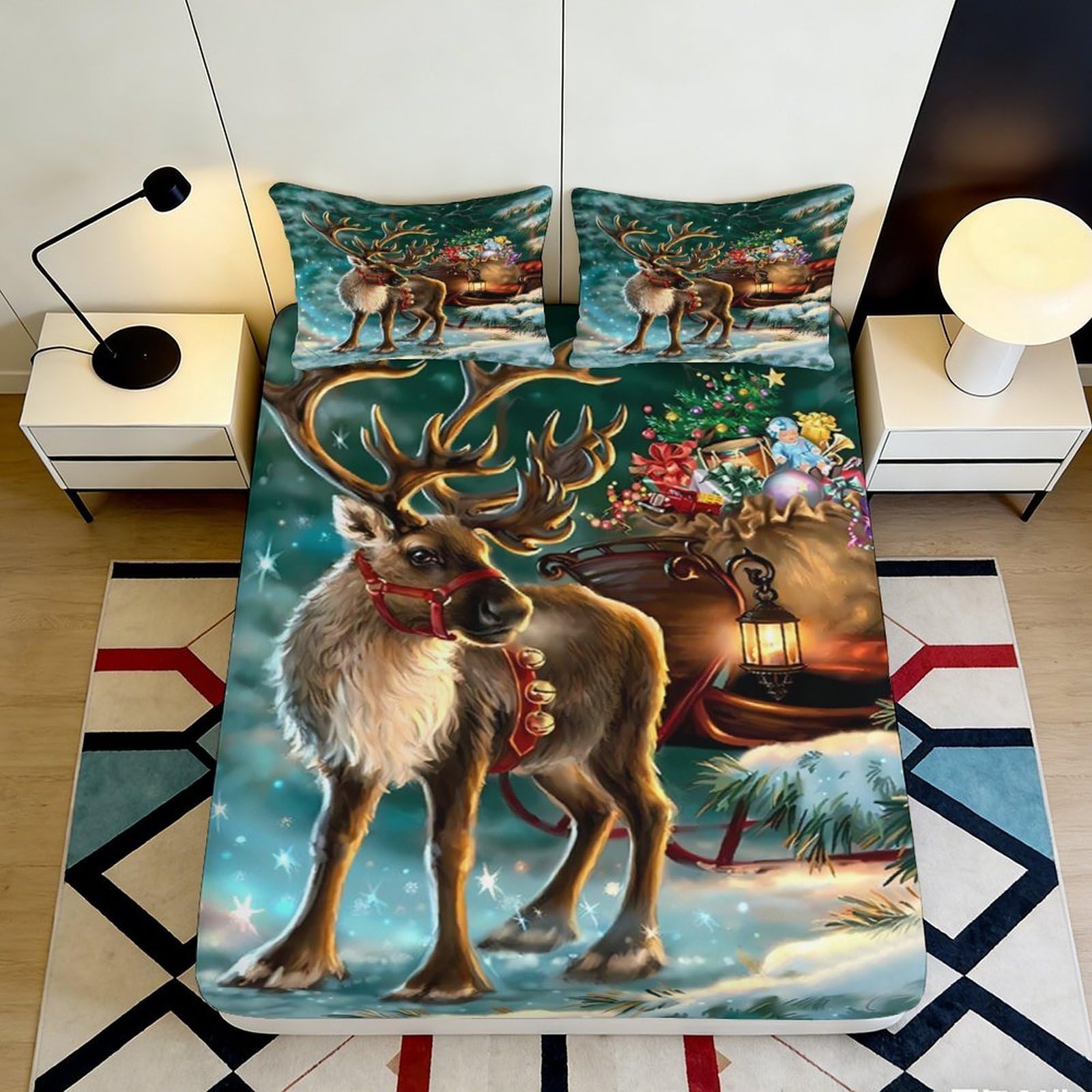 3D Printed Reindeer Christmas Fitted Sheet Microfiber Soft Festive Santa Sleigh Bed Sheet for Bedroom Guest Room Decor 90x200x25cm