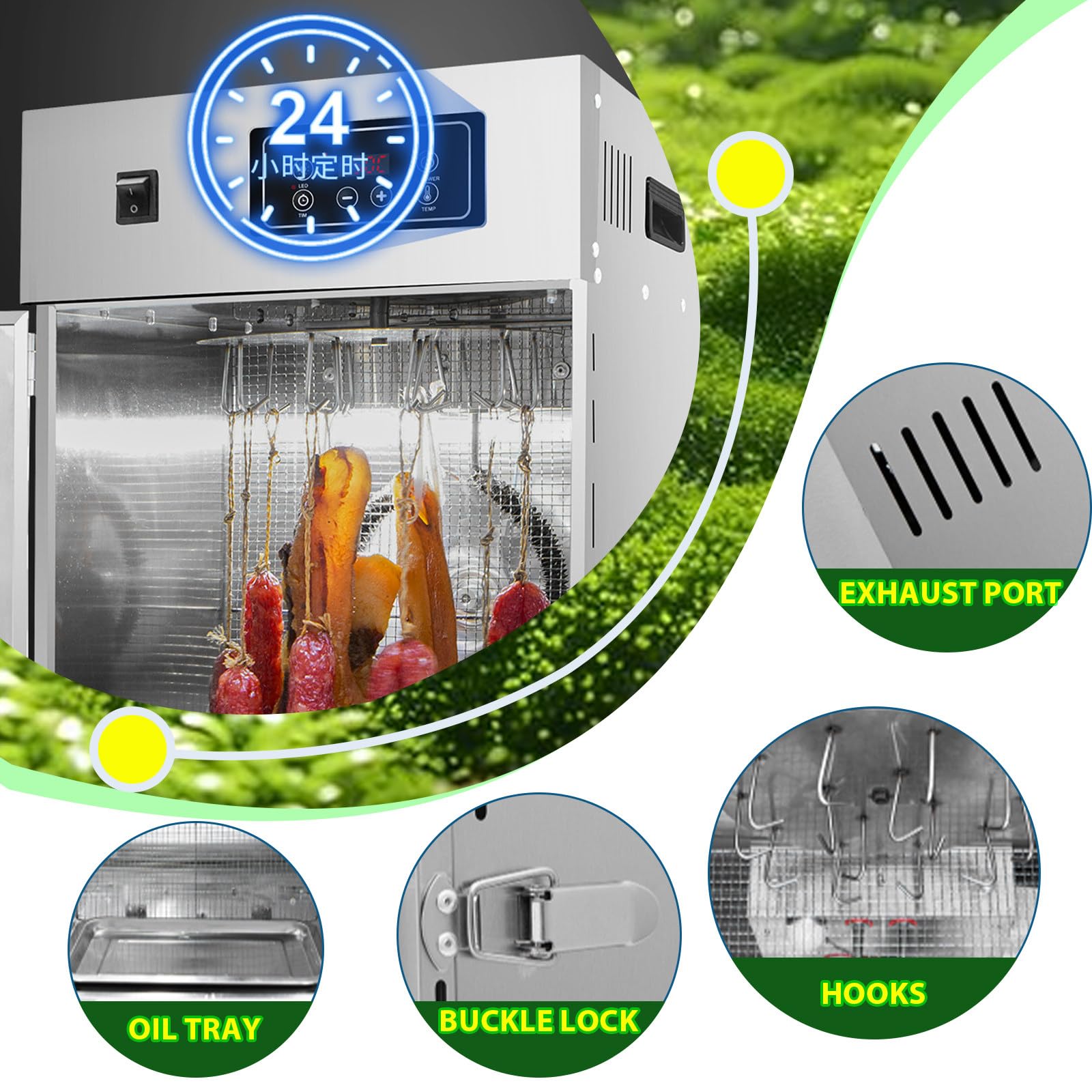 Essiccatore Rotante per Carne in Acciaio Inox, Armadio di Frollatura a Secco da 800 w, Rotazione a 360°, con 14 Ganci, Regolazione 0-90 °C, Essiccazione Tridimensionale