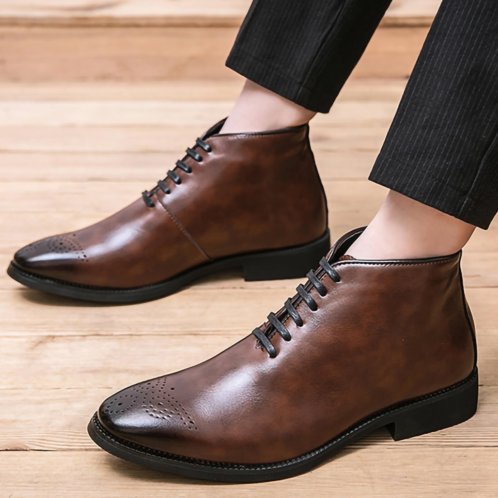 Męska sukienka biznesowa buty Oxford Casual PU Leather Chukka buty retro brytyjskie codzienne praca biuro botki dla mężczyzn, Brązowy, 38 EU