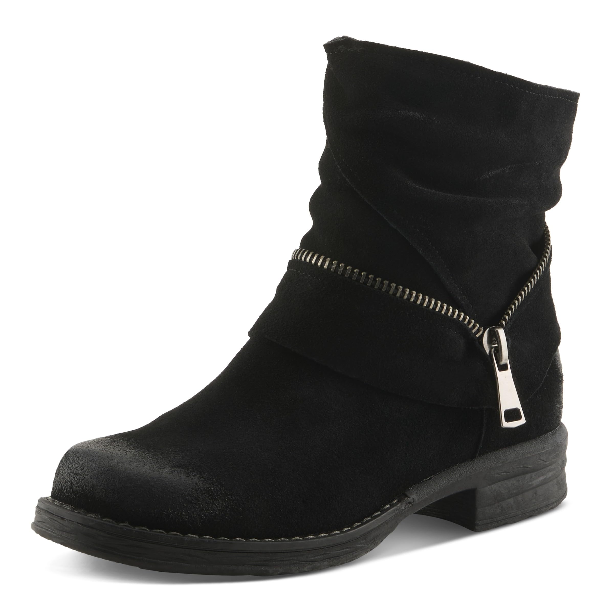 Spring Step Womens MAZURE Distressed Suede Ankle Bootie Wraparound Zipper Ruching Detail