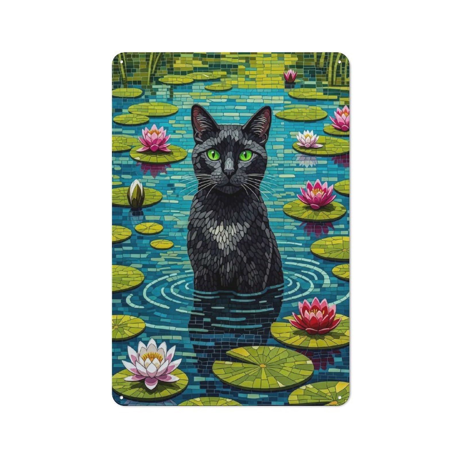 Junmoney Style-22 Black Cat In Lily Pond Mosaic Country Metal Wall Decor 30X20cm, Decorative Tin Sign For Farmhouse Kitchen, Pantry Or Dining Area
