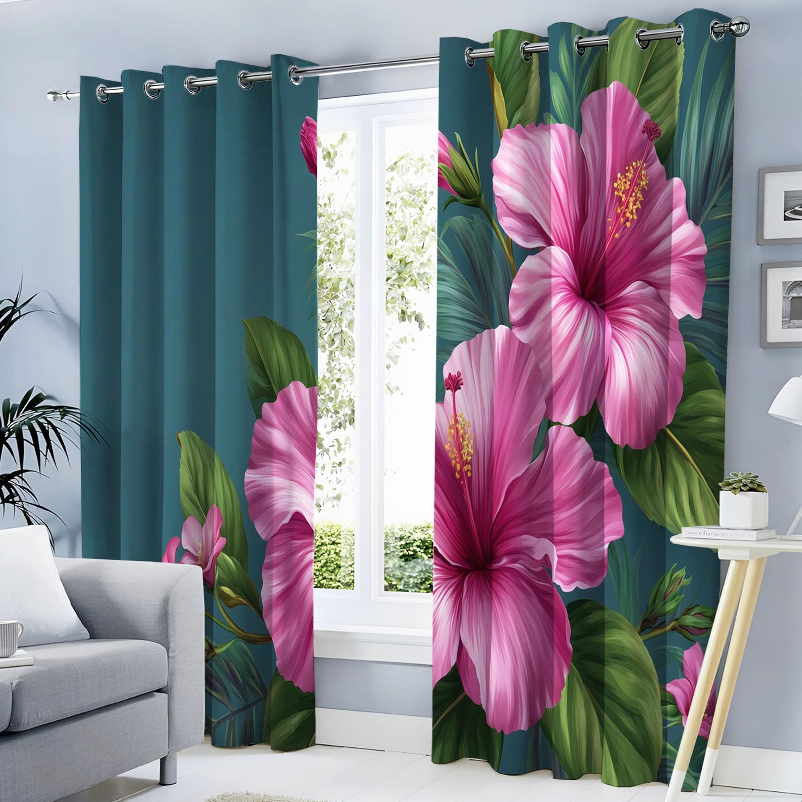 Rideaux occultants isolants thermiques imprimés fleurs hibiscus 140x200cm pour chambre