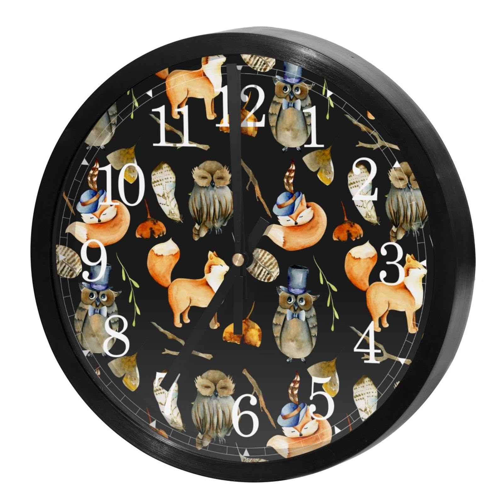 Horloge murale silencieuse à quartz motif renard et hibou pour décorer la cuisine