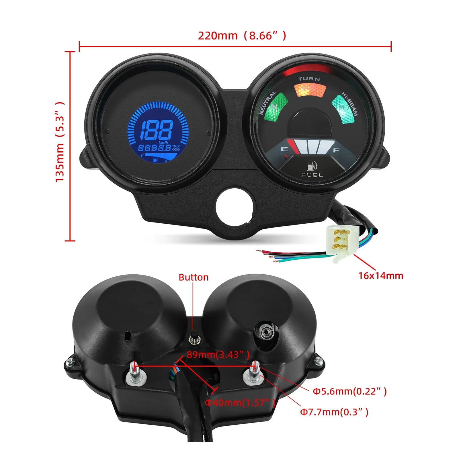 Velicero de Motocicleta Universal LCD Digital Odómetro Medidor de Nivel de Combustible Ajustable 7 Colores DC 12V Multifuncional Calibre