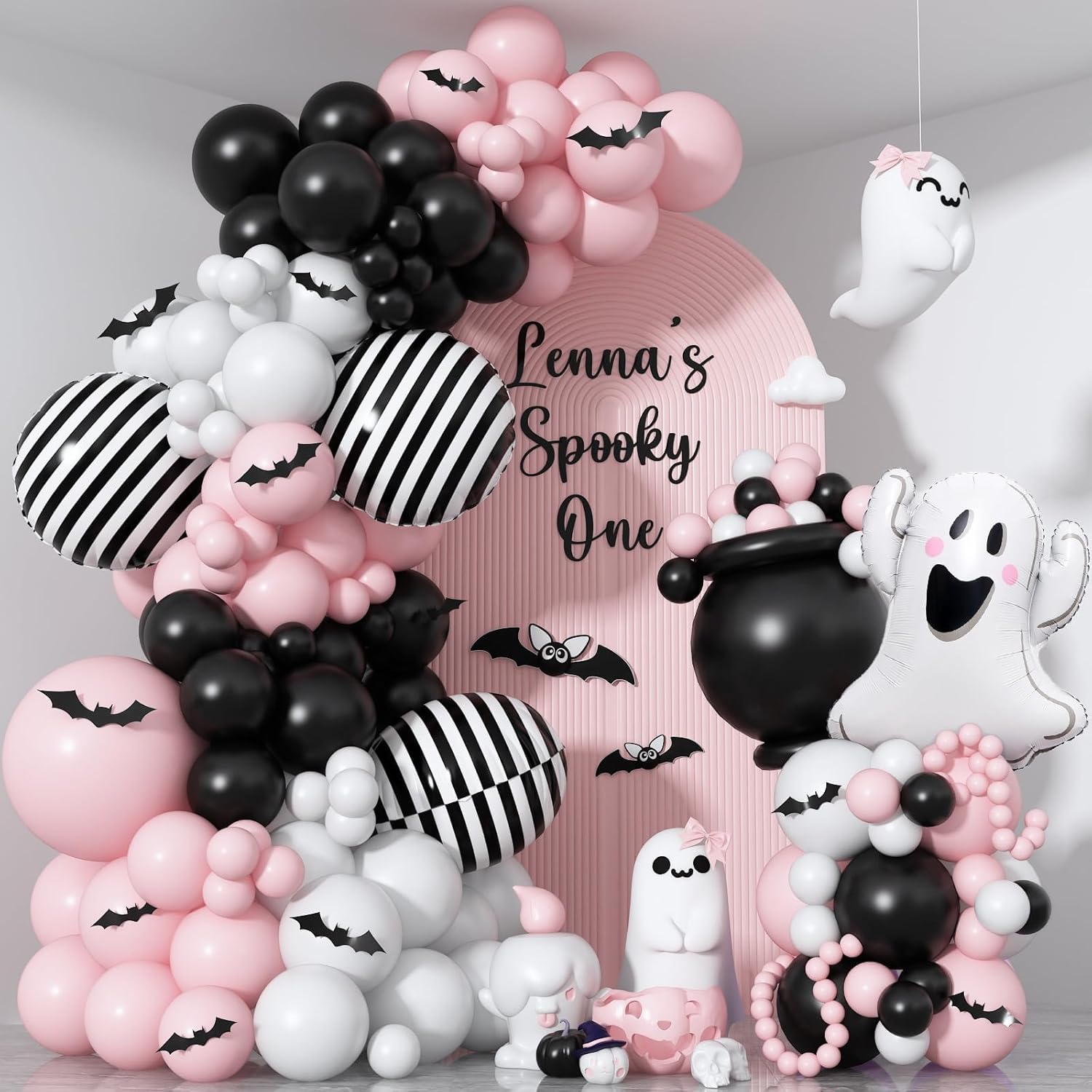 Pink Black White Halloween Balloon Garland Kit,118pcs Pastel Halloween Ghost Striped Foil Balloon Arch with 3D Bats for Girl Kawaii Spooky One Birthday Backdrop Baby Shower Birthday Party Decorations